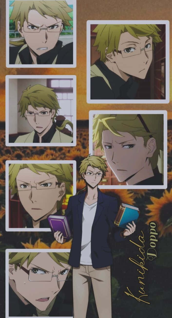 Kunikida 桌布 壁紙 — 動漫角色國木田獨步在多個富有表情的特寫和全身照中，在向日葵背景下拿著書本。