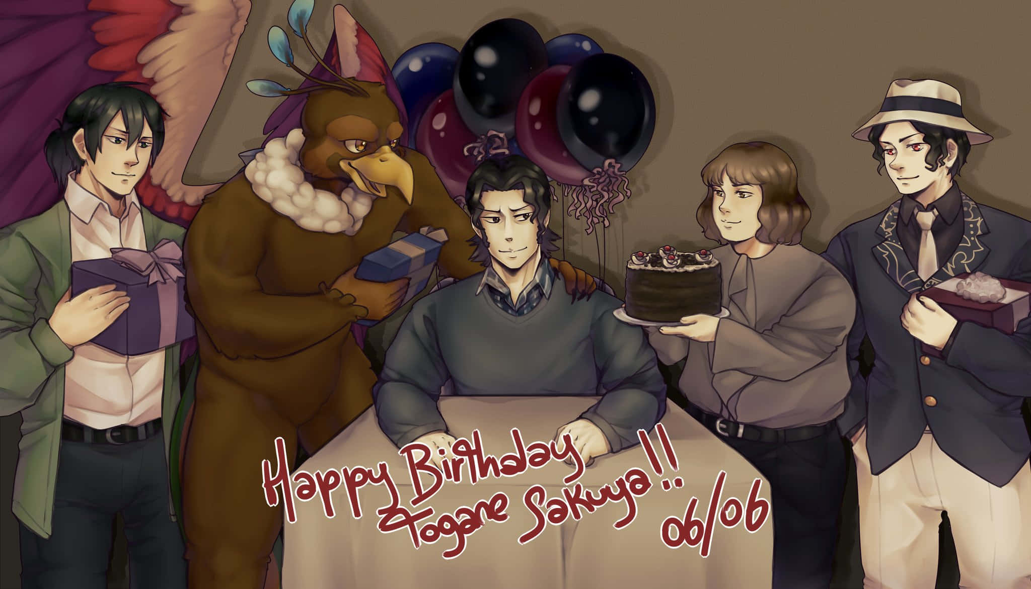 Sakuya Togane 桌布 壁紙 — 動漫角色圍繞蛋糕、氣球和禮物慶祝生日的場景。