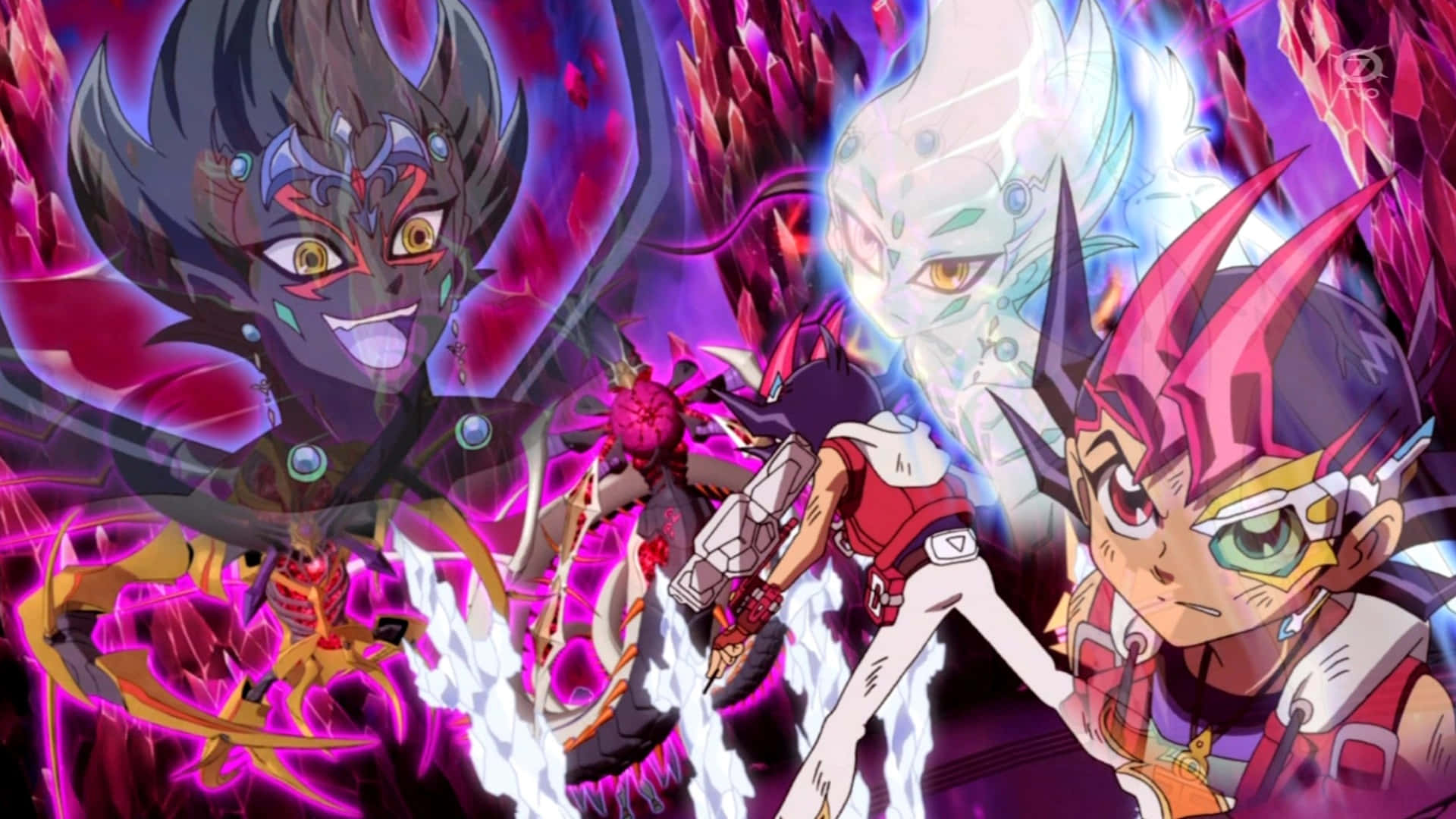 Yu-gi-oh Astral 桌布 壁紙 — 動漫角色在充滿活力的紫色和粉紅色水晶背景下，以發光的能量戰鬥。