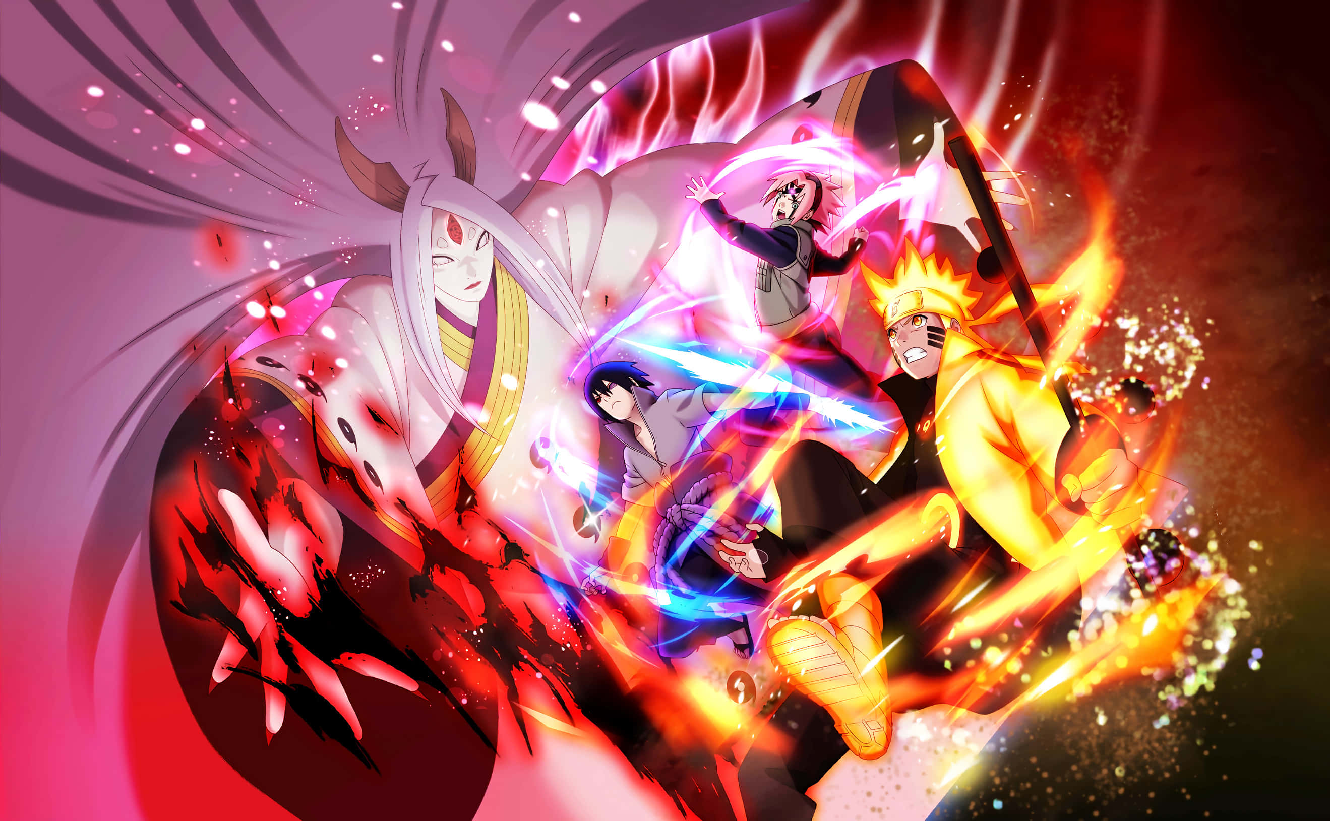 Ninja World 桌布 壁紙 — 動漫角色在動態戰鬥場景中釋放出充滿活力的查克拉攻擊，帶有火熱的橙色和電光藍色能量，背景是旋轉的紅色和紫色。