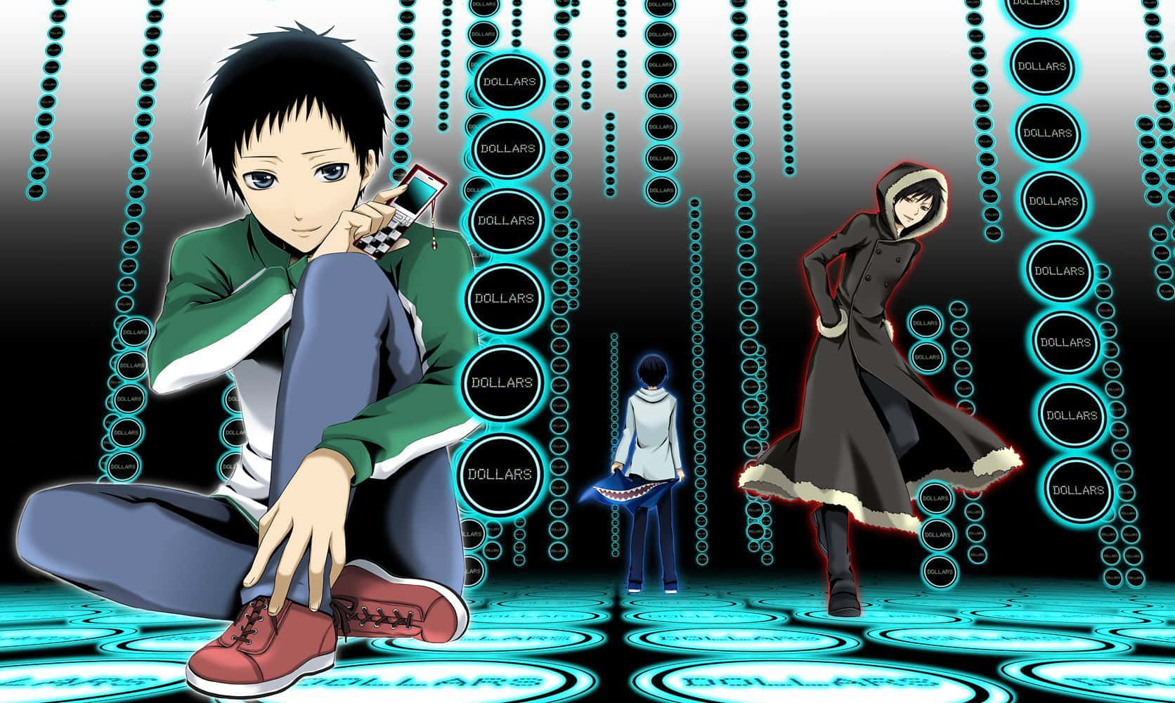 durarara 桌布 壁紙 — 動漫角色在數位虛空中，坐在和站立於如雨般落下的發光青綠色美元符號之間。
