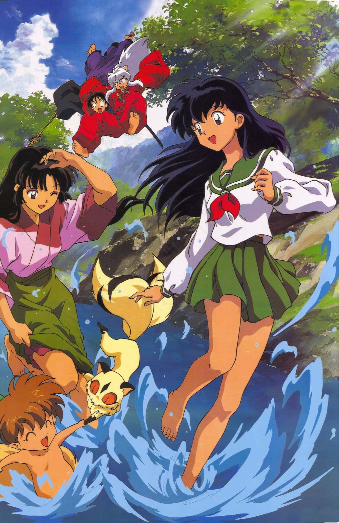 Inuyasha And Shippo 桌布 壁紙 — 動漫角色在明亮的藍天白雲下，於充滿活力的森林溪流中跳躍嬉水。