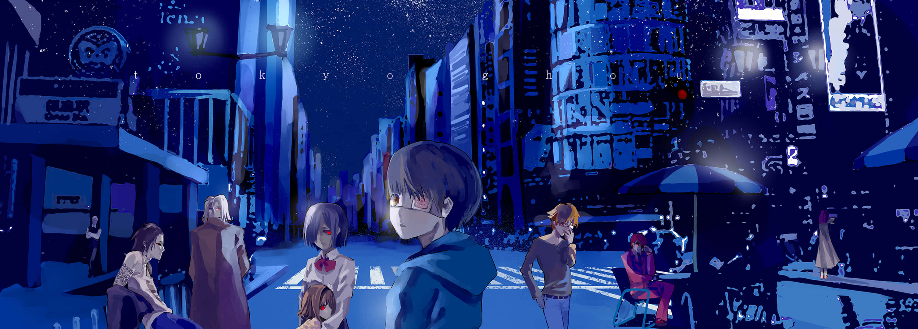 Nishiki Nishio 桌布 壁紙 — 動漫角色在星空下漫步於霓虹燈閃爍的賽博朋克城市街道。
