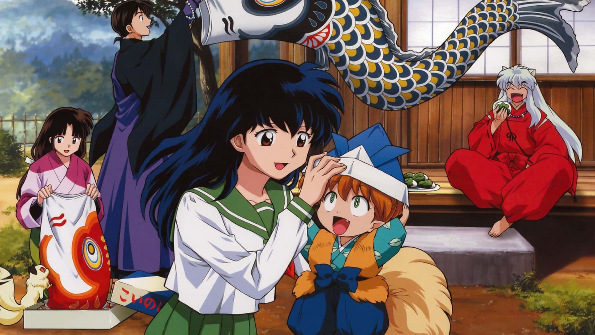 Kagome Higurashi 桌布 壁紙 — 動漫角色在晴朗的天空下，帶著鯉魚旗和傳統日本服飾聚集在戶外。