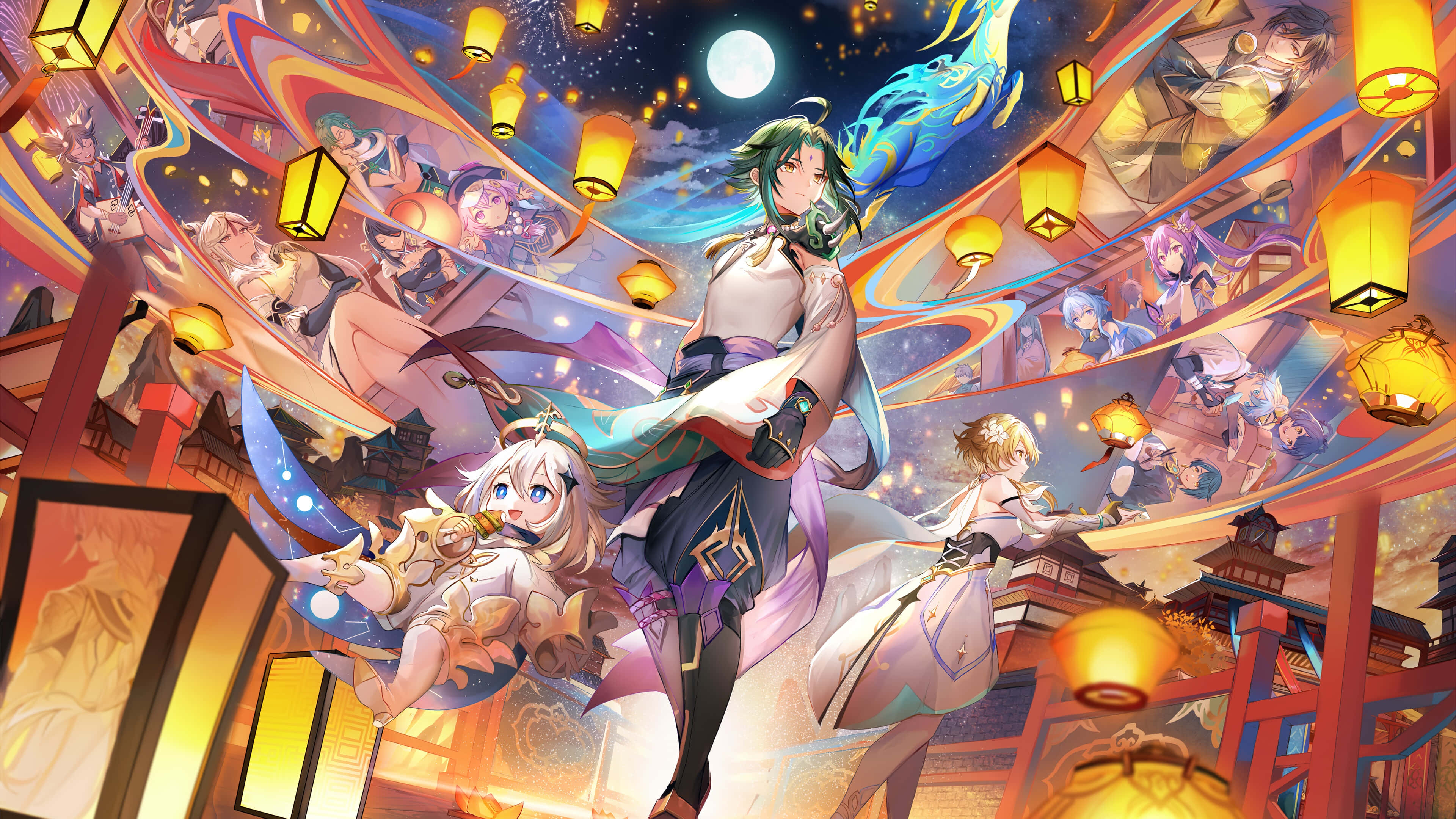 Genshin Impact Characters 桌布 壁紙 — 動漫角色在月光下漂浮於發光的燈籠之間，構成充滿活力的節日場景。