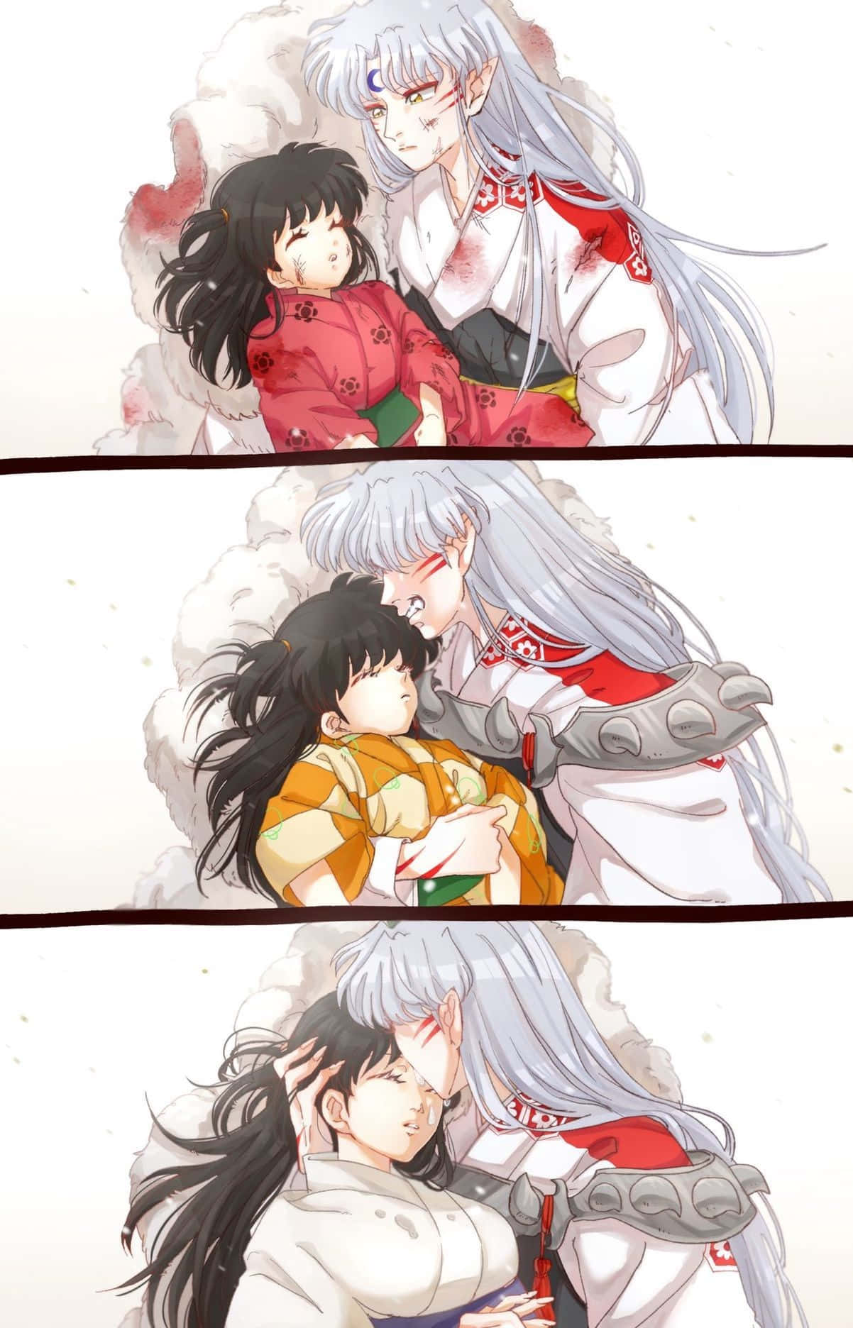 Inuyasha And Rin 桌布 壁紙 — 動漫角色在柔軟的雲朵背景下，穿著紅白傳統服飾溫柔擁抱。
