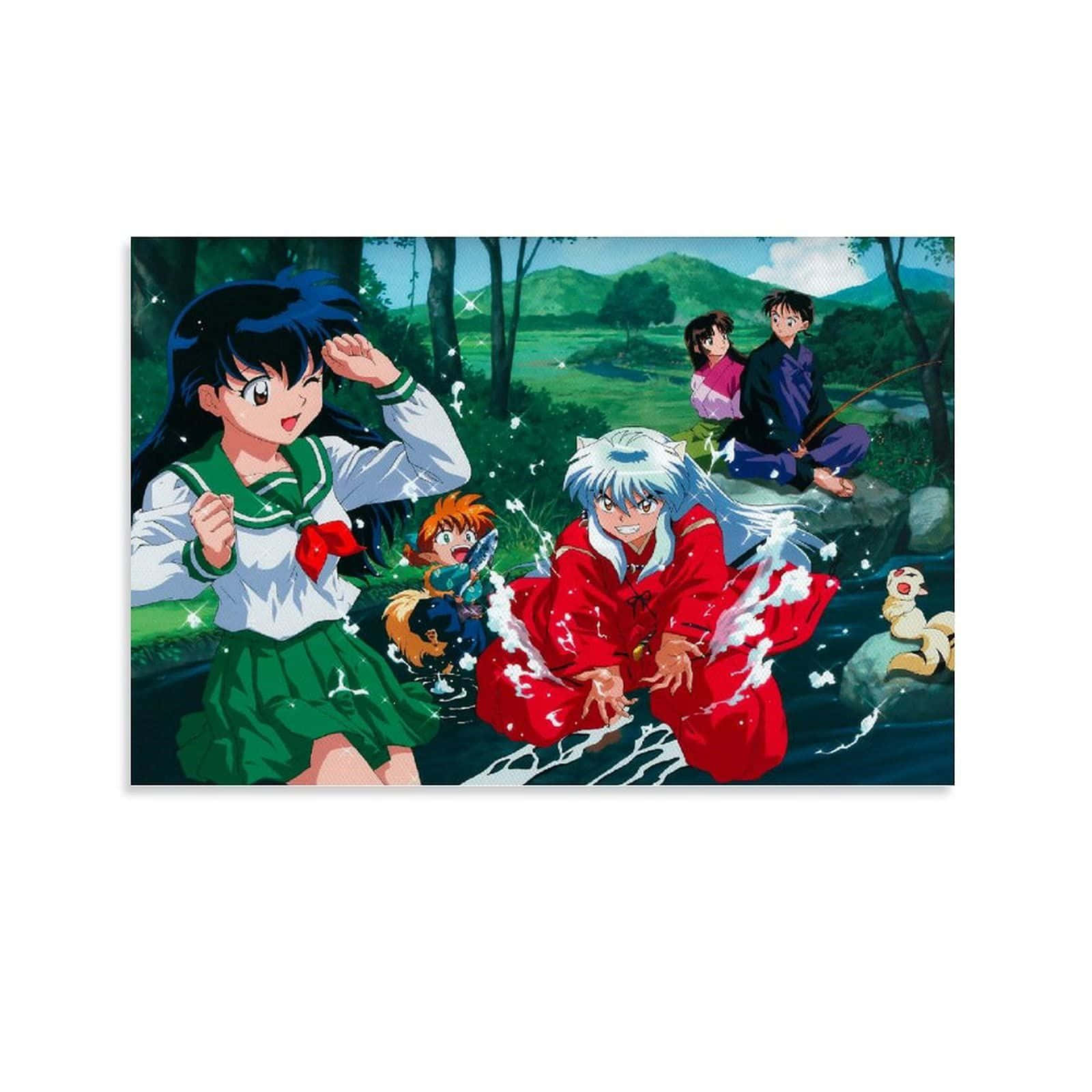 Inuyasha And Shippo 桌布 壁紙 — 動漫角色在森林溪流中嬉戲潑水，背景有山巒。