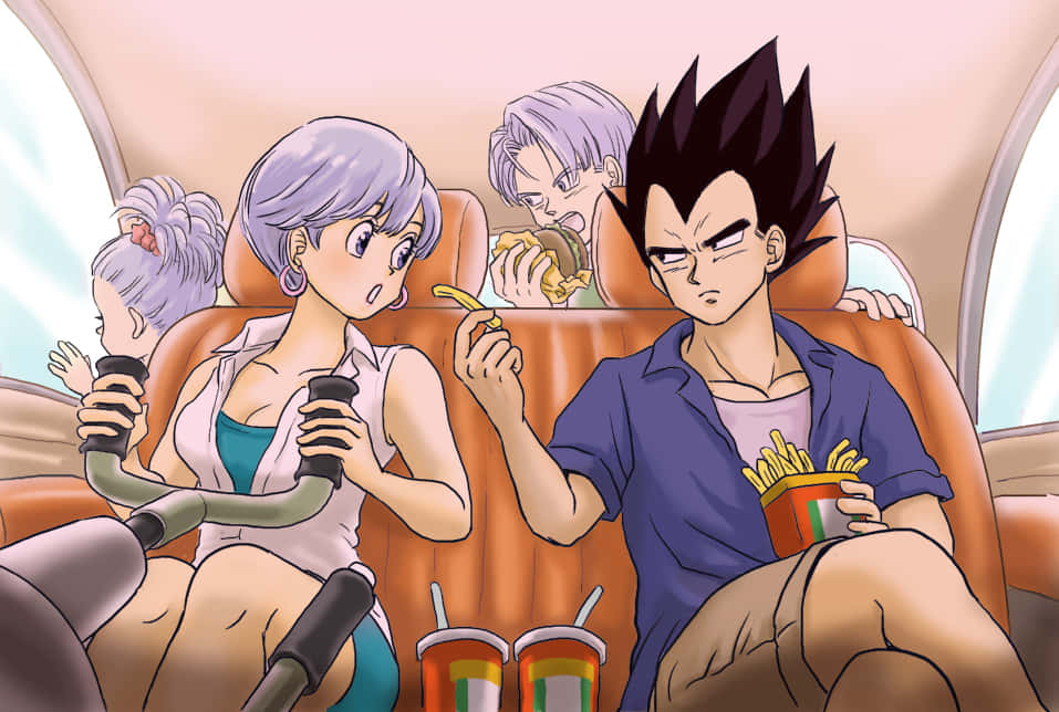 Vegeta's Family 桌布 壁紙 — 動漫角色在橙色座椅的車內吃快餐，地板上有飲料杯。