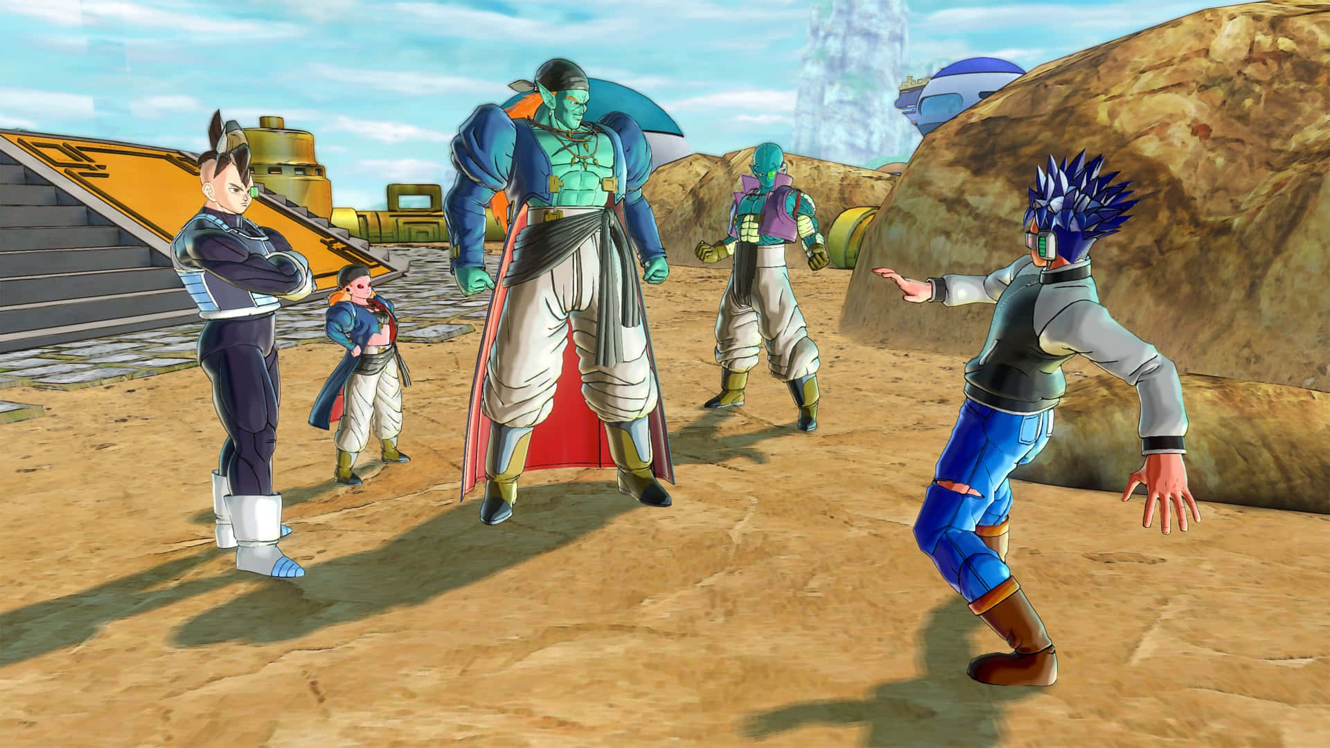 Dragon Ball Xenoverse 2 桌布 壁紙 — 動漫角色在沙漠競技場中對峙，背景是明亮的藍天和未來主義建築。