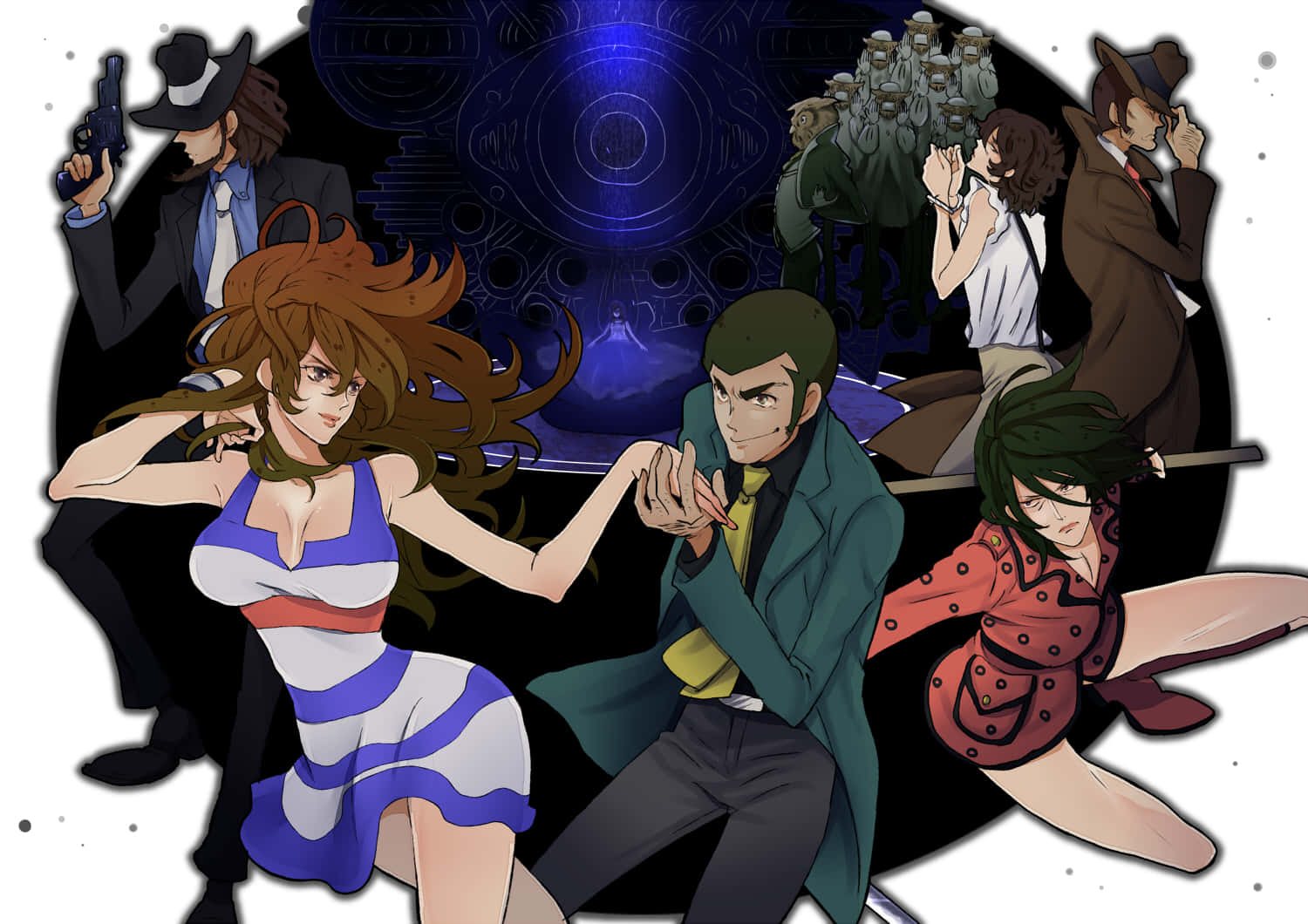 Lupin Iii Daisuke Jigen 桌布 壁紙 — 動漫角色在深藍色圓形背景上以發光圖案襯托下擺出動態動作姿勢。