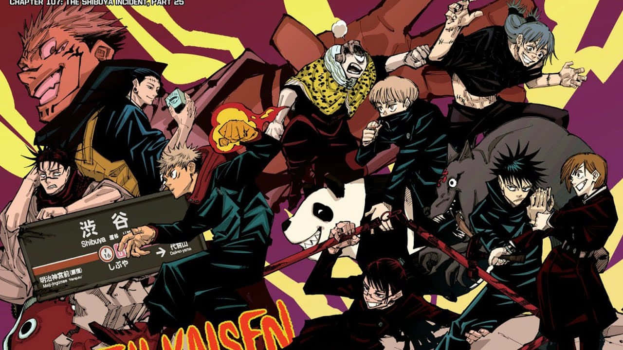 Shonen Anime 桌布 壁紙 — 動漫角色在混亂的澀谷車站場景中激烈碰撞，帶有鮮明的紅、黃、紫色調。
