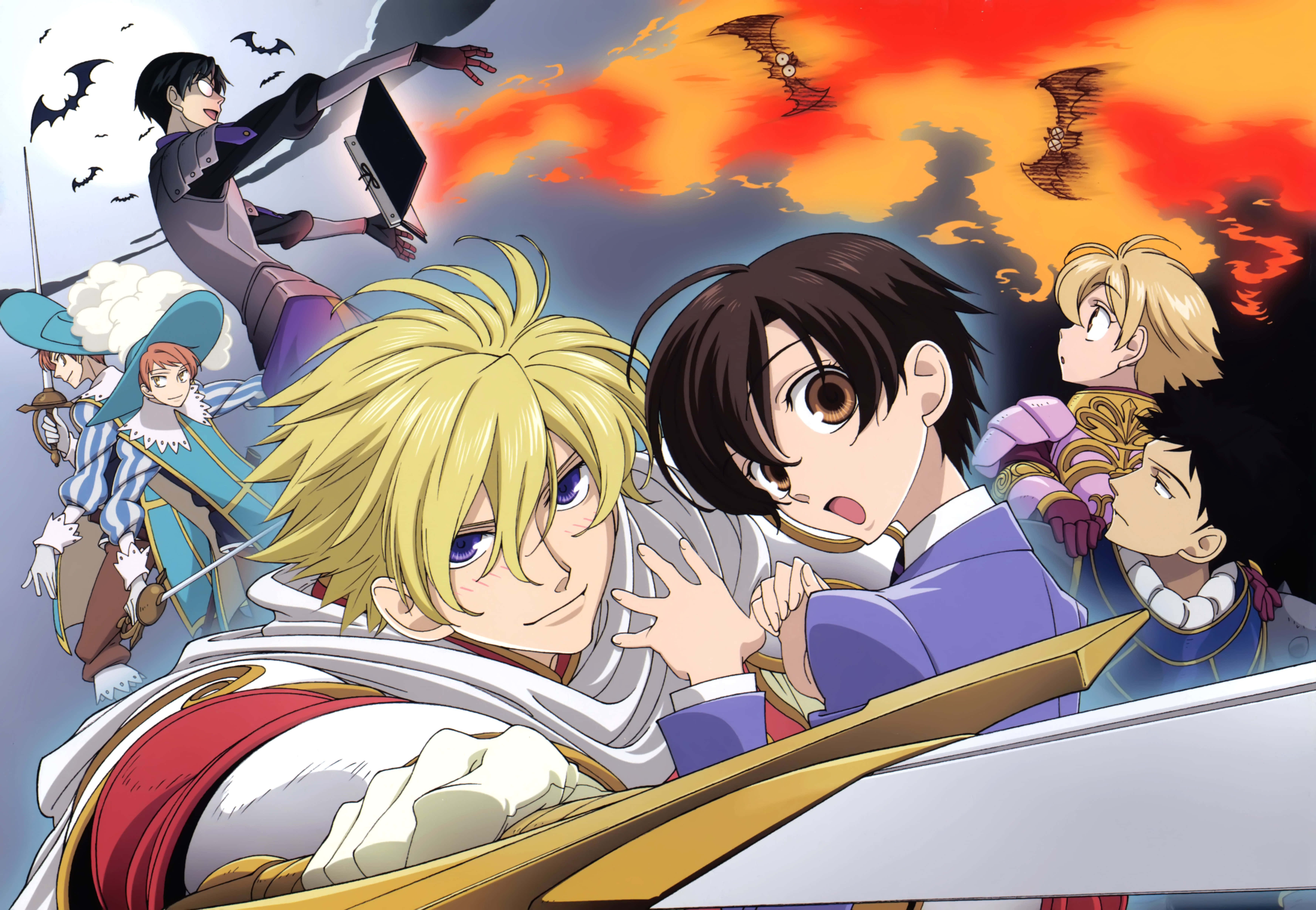Tamaki Suoh 桌布 壁紙 — 動漫角色在火熱的日落天空背景下擺出戲劇性姿勢，蝙蝠在頭頂飛翔。