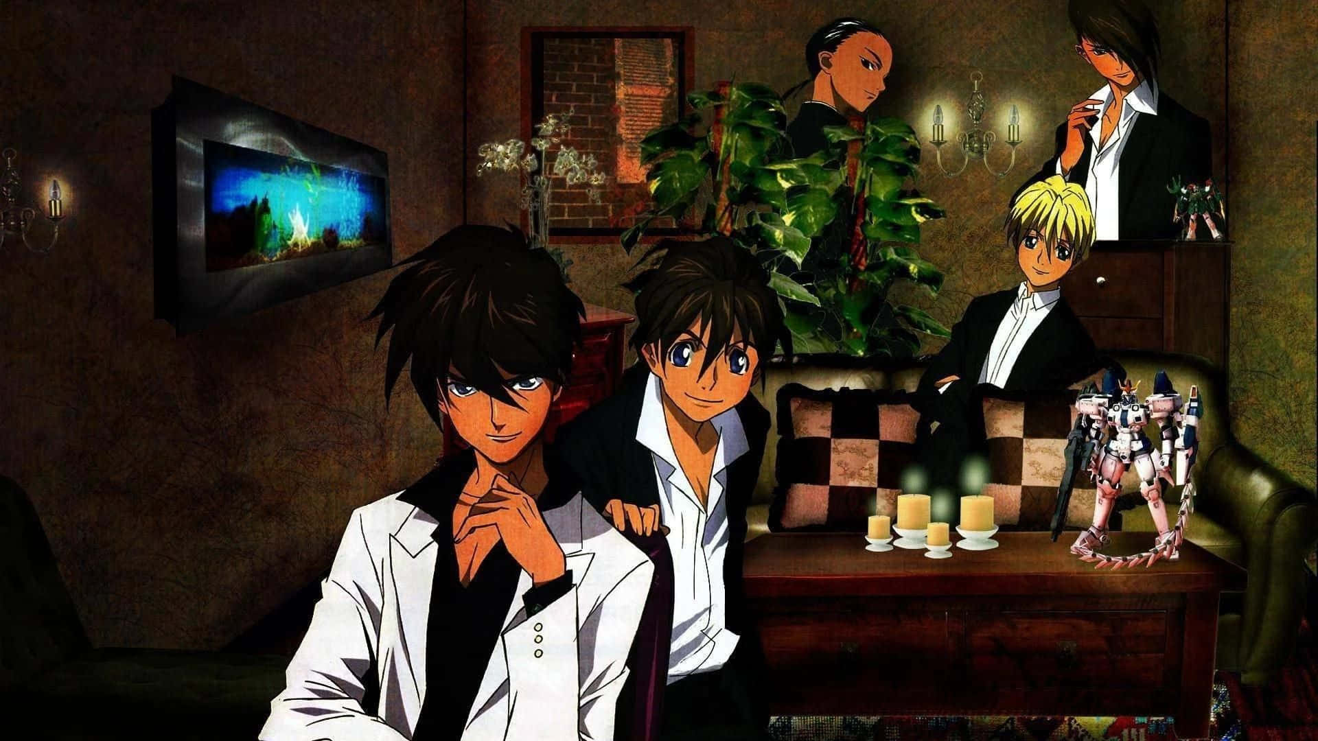 Heero Yuy 桌布 壁紙 — 動漫角色在燈光昏暗的房間裡，桌上放著蠟燭和一個機械人模型。