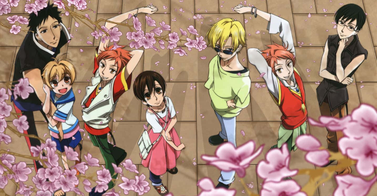 ouran high school host club 桌布 壁紙 — 動漫角色在瓷磚庭院中，在飄落的粉紅色櫻花下愉快地擺姿勢。