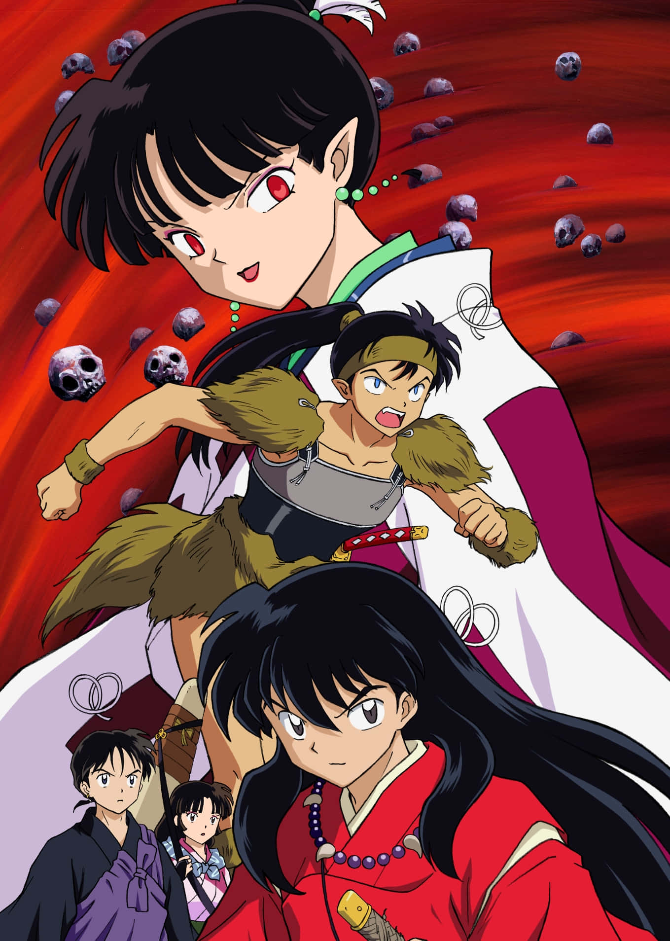 Inuyasha Kagura 桌布 壁紙 — 動漫角色在紅色背景上以動態姿勢呈現，漂浮著頭骨。