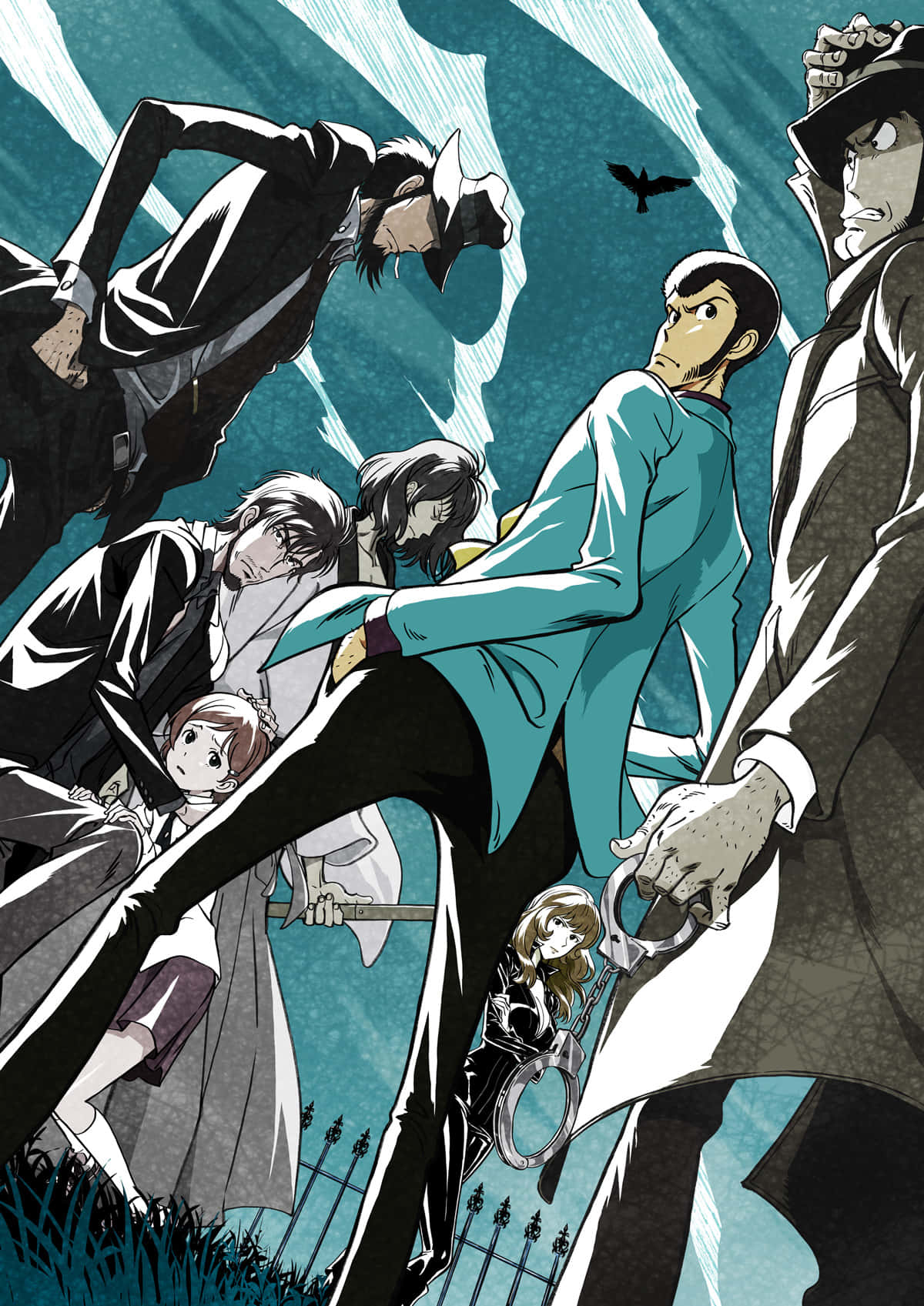 Lupin Iii Daisuke Jigen 桌布 壁紙 — 動漫角色在緊張對峙中，烏鴉在頭頂飛翔，背景是暴風雨般的青綠色天空。