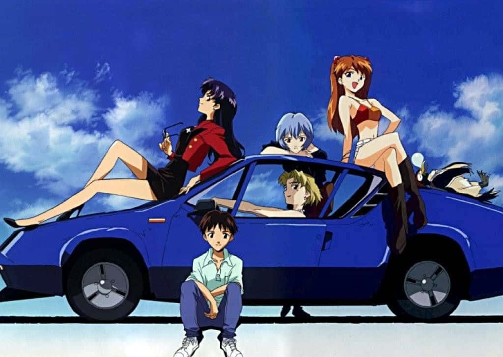 Ritsuko Akagi 桌布 壁紙 — 動漫角色在藍天白雲下，戲劇性地在藍色跑車上及周圍擺姿勢。