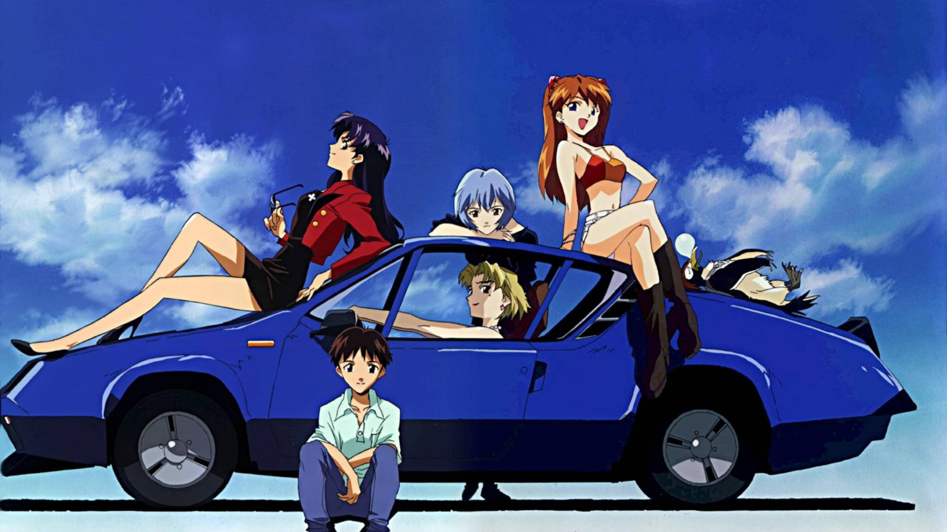 Evangelion 4K Characters In Car 壁紙 — 動漫角色在藍色汽車頂部和旁邊放鬆，背景是明亮的藍天和蓬鬆的白雲。