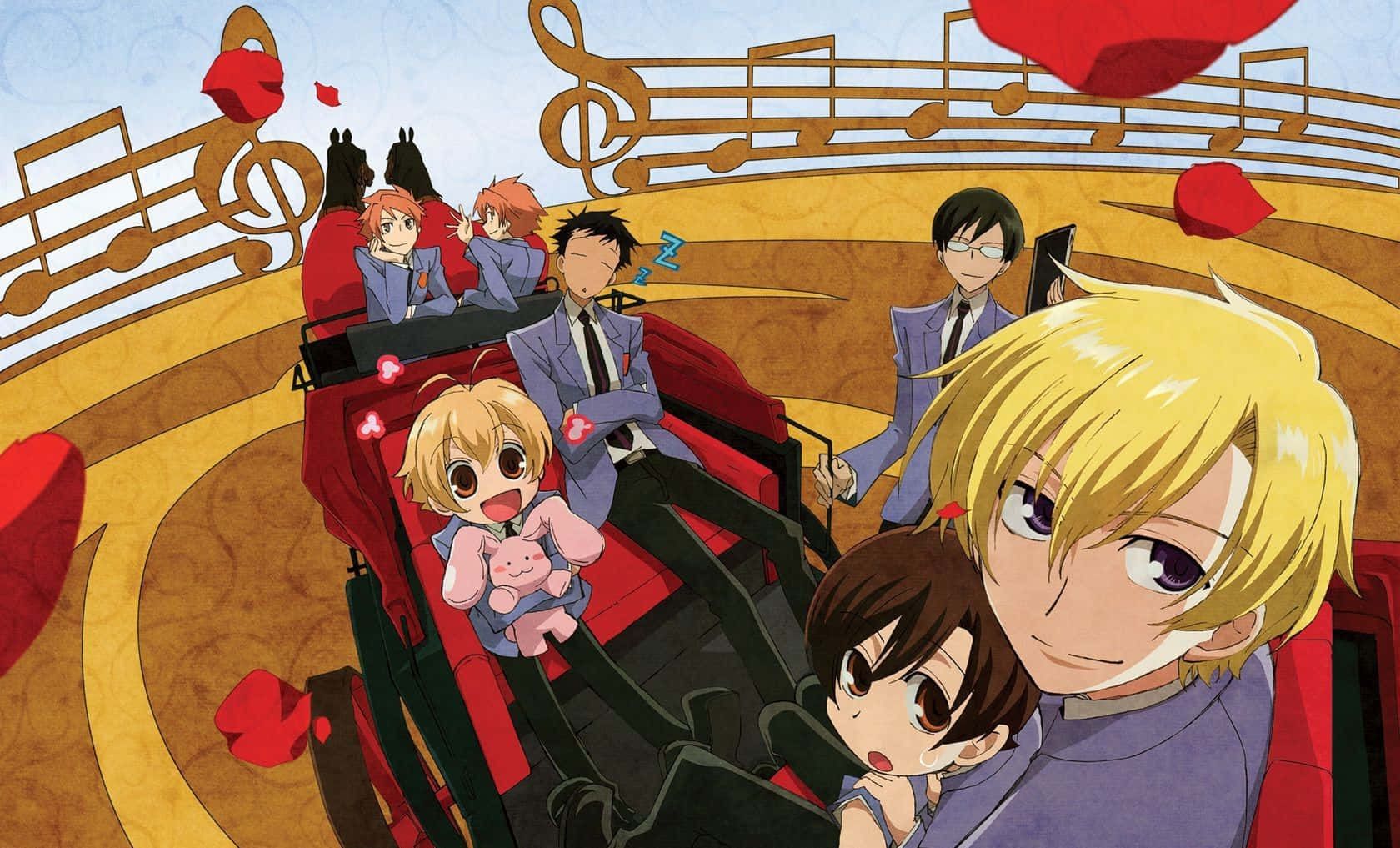 haruhi fujioka 桌布 壁紙 — 動漫角色在過山車上，周圍漂浮著音符和紅色心形。
