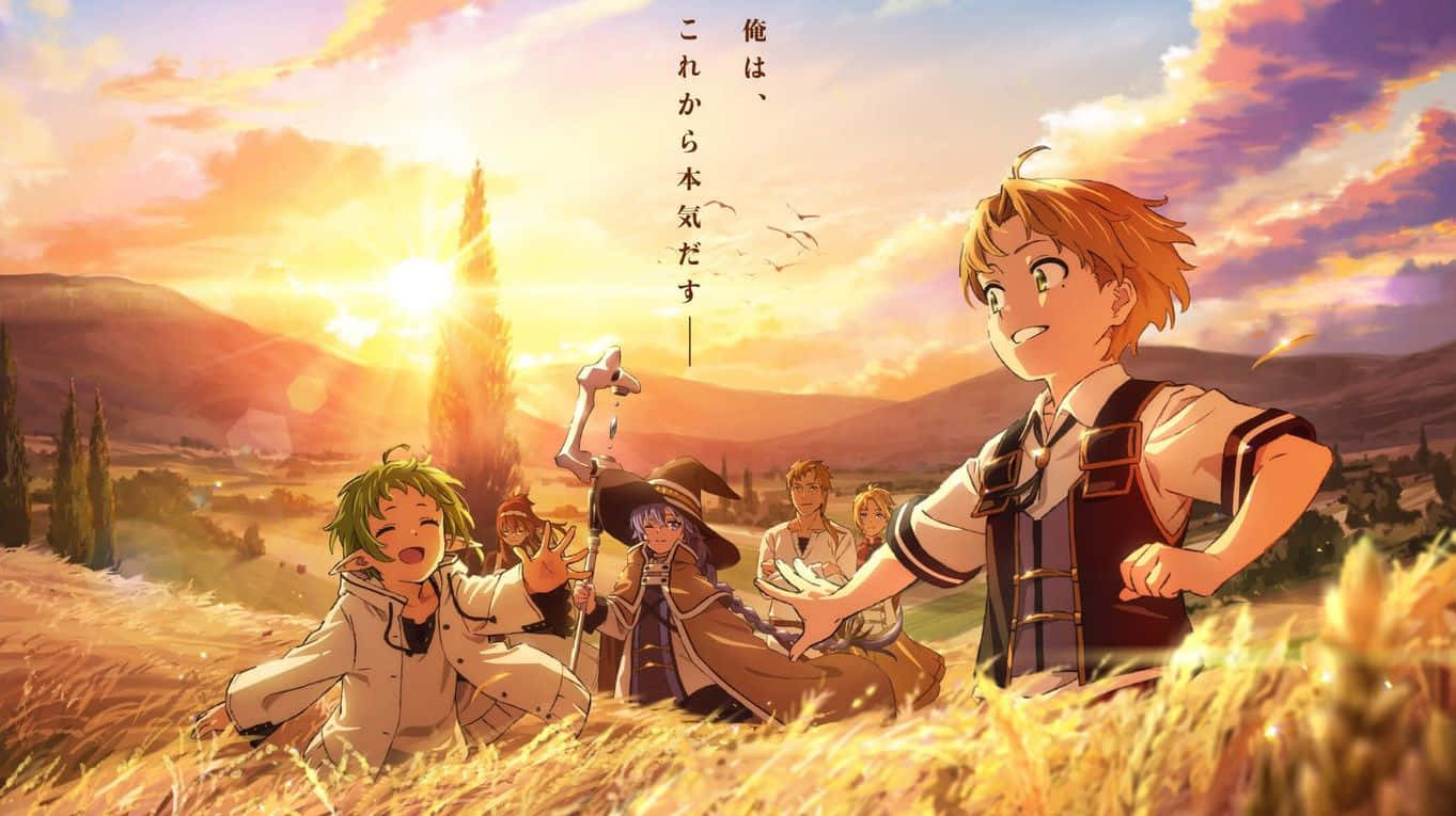 Mushoku Tensei 桌布 壁紙 — 動漫角色在金色麥田裡，在溫暖的夕陽天空下，與遠山和柏樹一起快樂地擺姿勢。