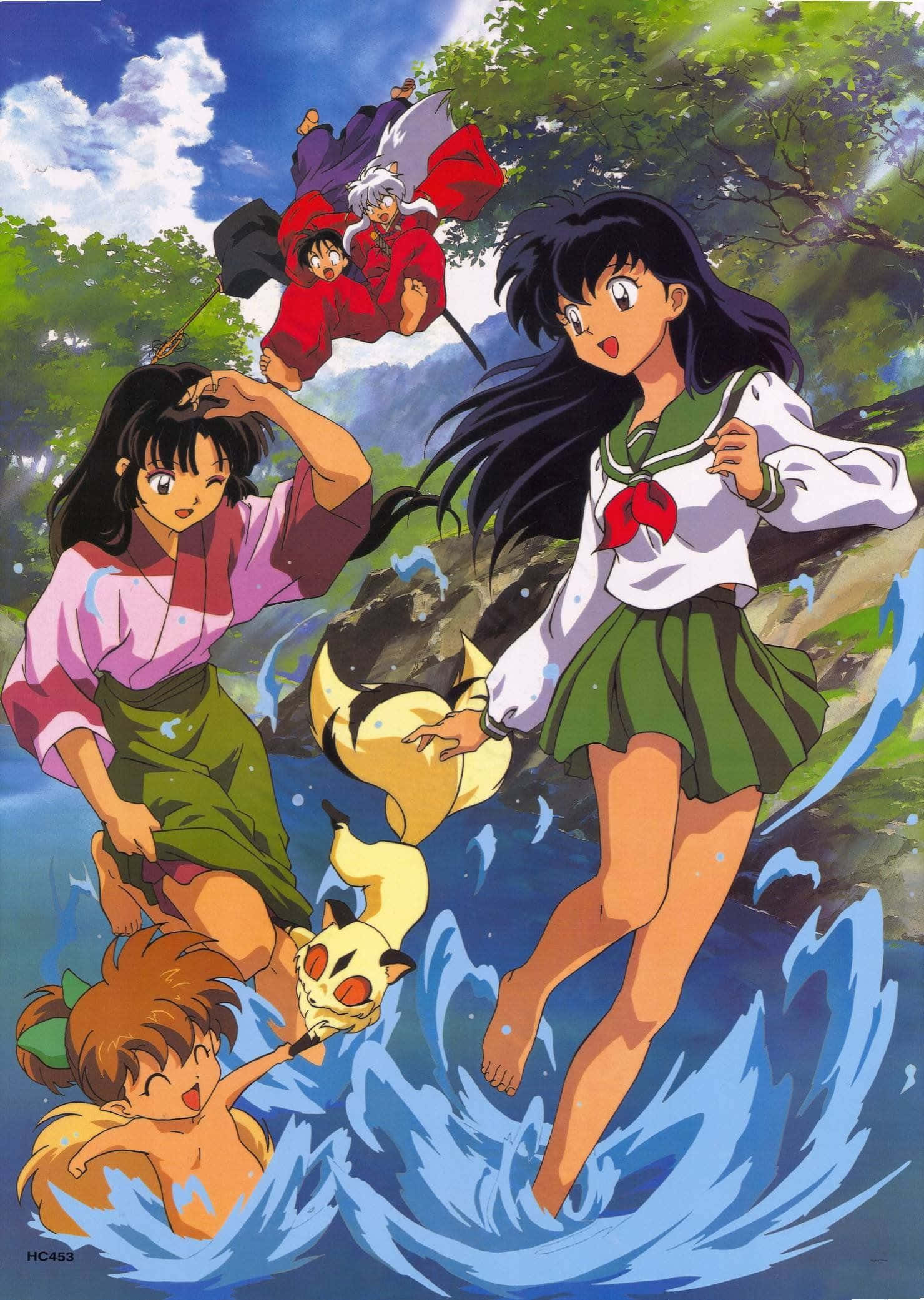 Inuyasha And The Gang 桌布 壁紙 — 動漫角色在陽光普照的天空下，穿過充滿活力的藍色水面跳躍和潑水，周圍有茂密的綠樹。