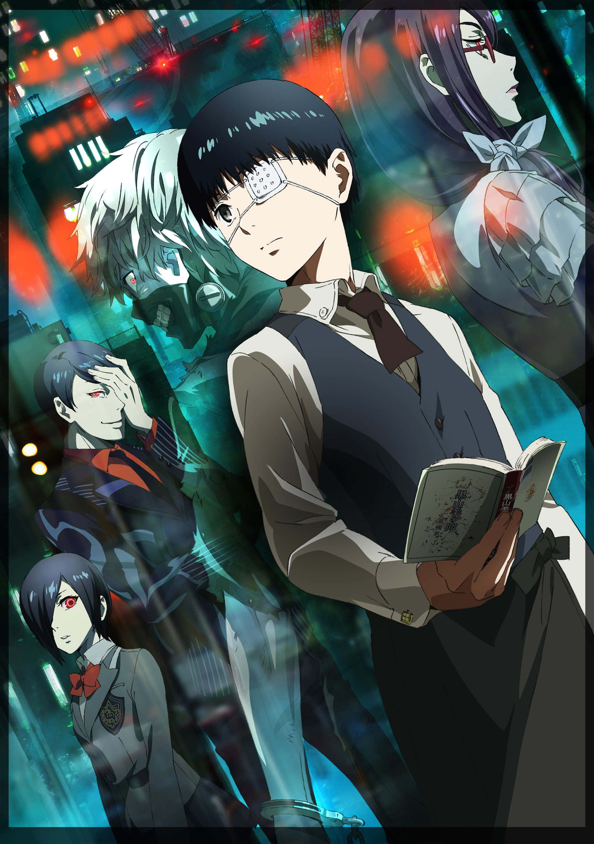 Shuu Tsukiyama 桌布 壁紙 — 動漫角色在霓虹燈閃爍的都市夜景中，紅色和青綠色的光芒閃耀。