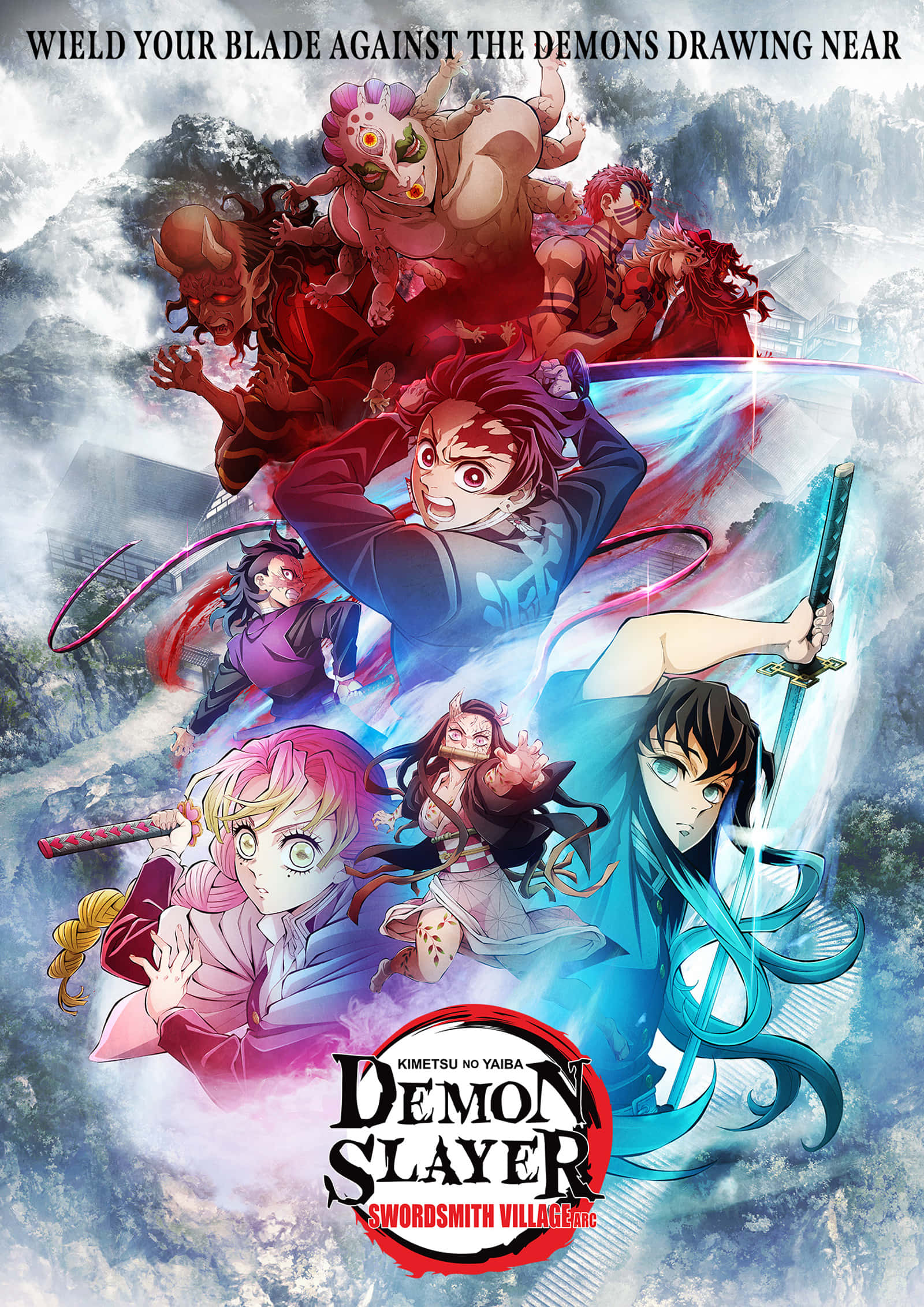 Demon Slayer Fight 桌布 壁紙 — 動漫角色在風暴山脈中與惡魔激烈交戰，呈現出一幅生動且充滿動作感的《鬼滅之刃》海報。
