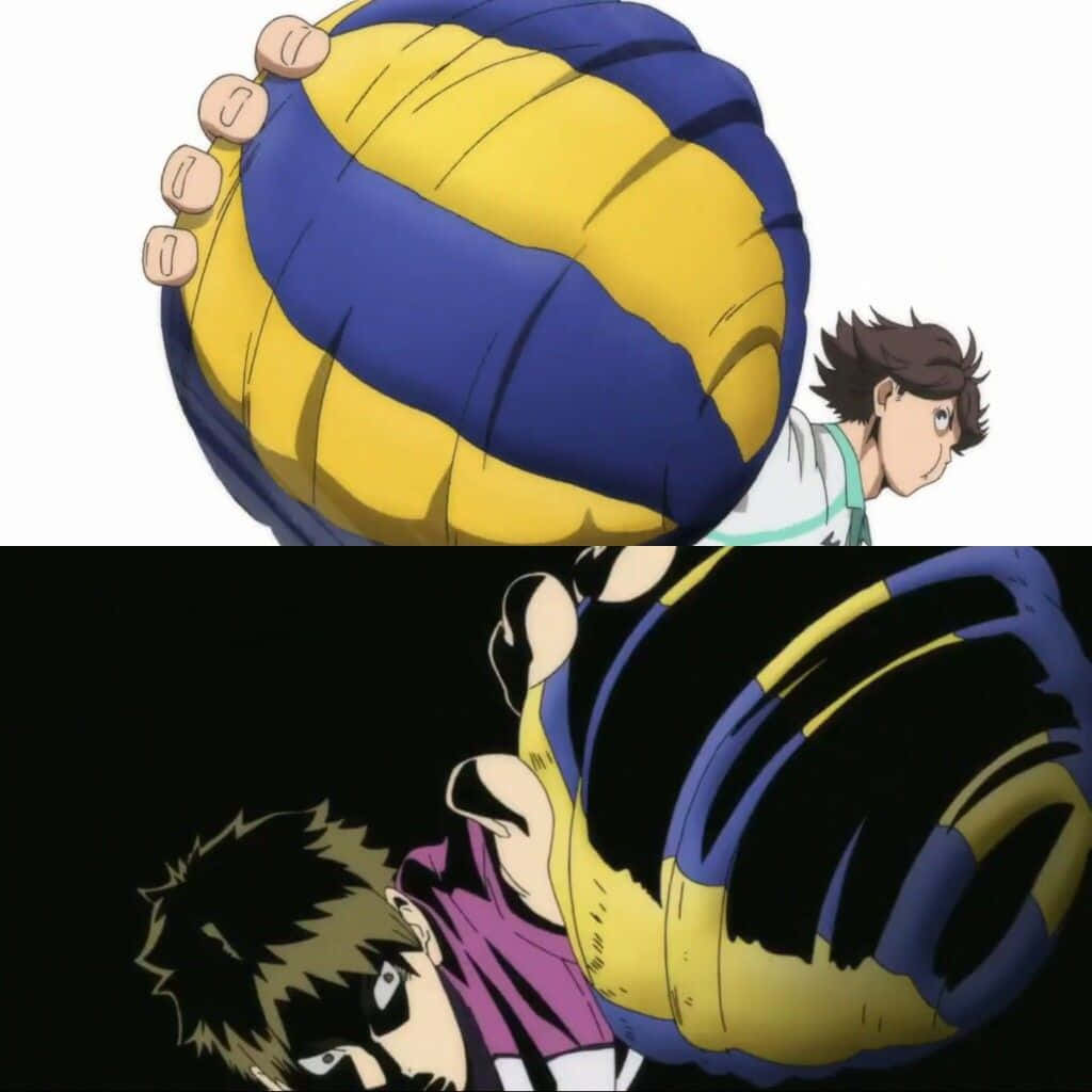 Ushijima Wakatoshi 桌布 壁紙 — 動漫角色在鮮明的白色和黑色背景上，緊緊抓住一個巨大的藍黃色排球。