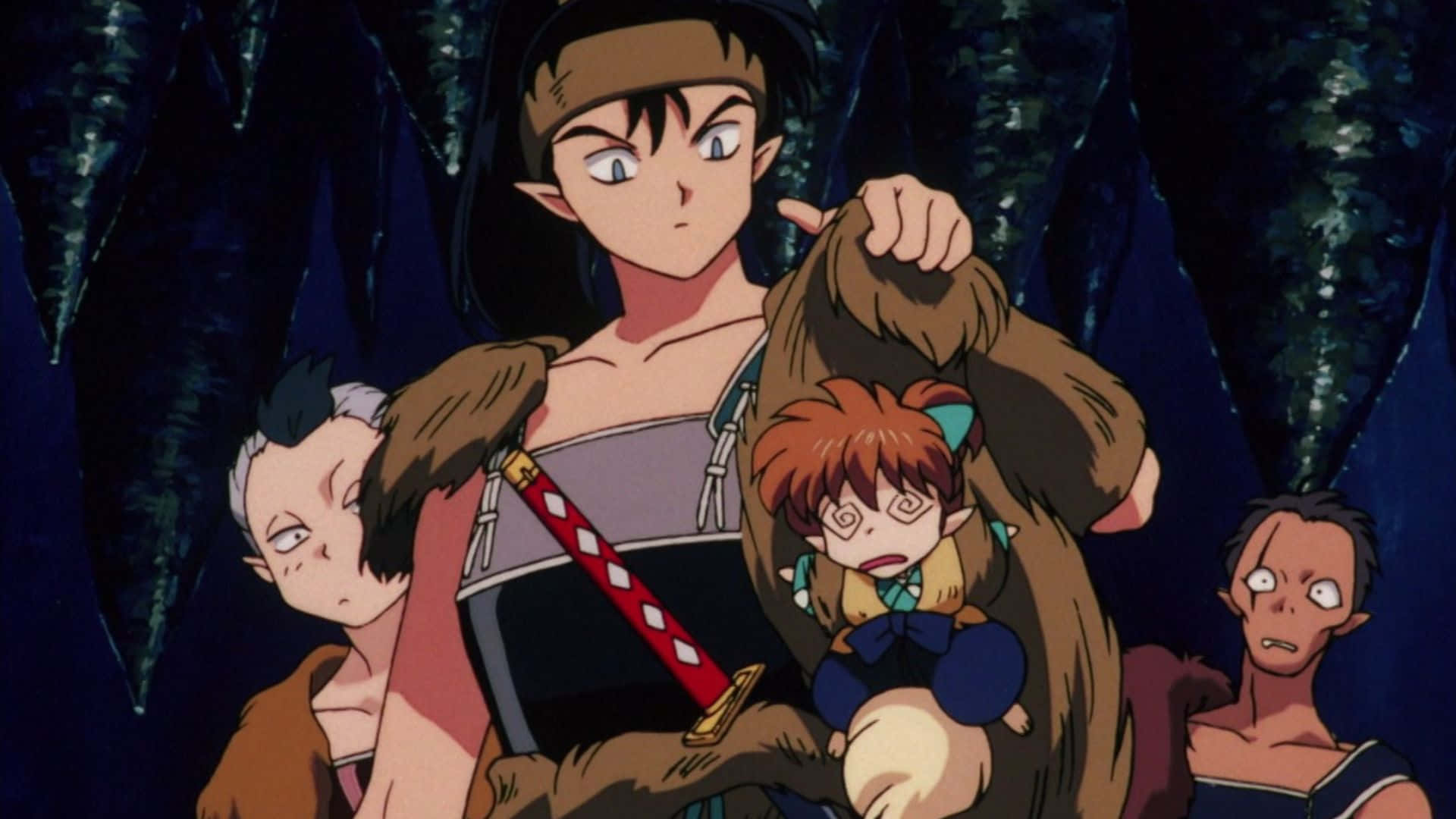 Inuyasha Koga 桌布 壁紙 — 動漫角色在黑暗森林中，其中一人手持劍和一個小孩。