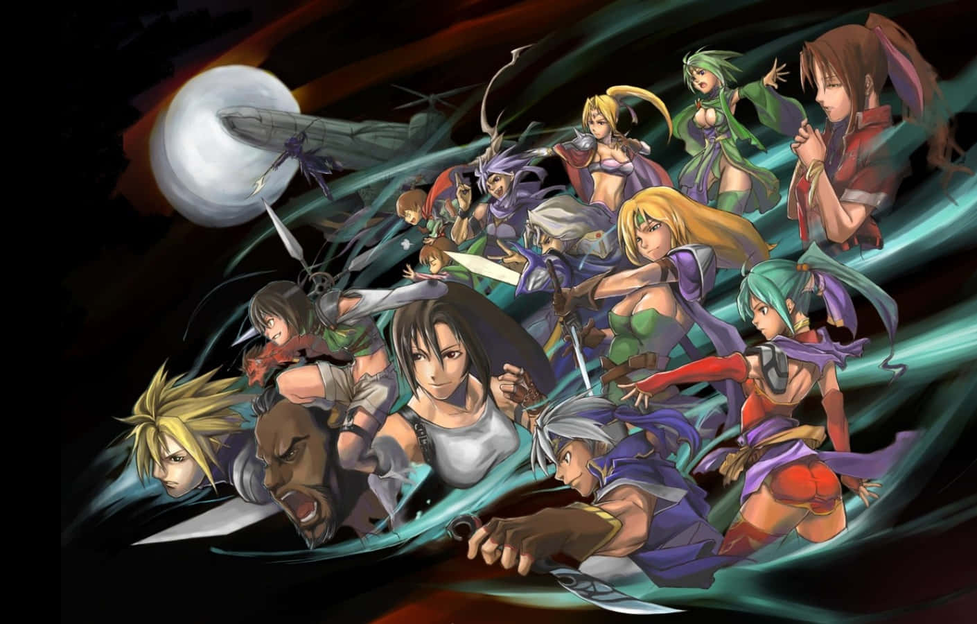 Final Fantasy Characters 桌布 壁紙 — 動漫角色在黑暗背景下以戰鬥姿勢呈現，背景有發光的月亮和旋轉的能量軌跡。