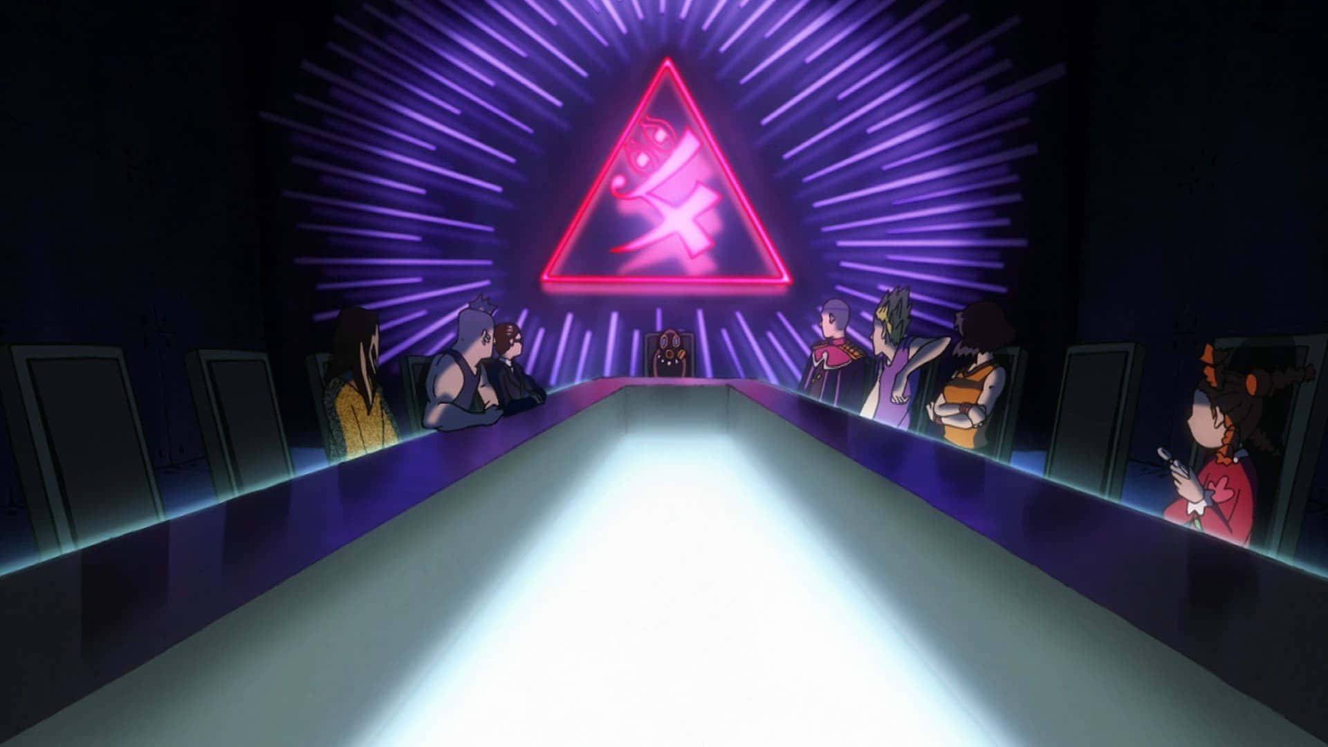 Mob Psycho 桌布 壁紙 — 動漫角色坐在發光的桌子周圍，面向一個在黑暗未來風格房間中閃耀的粉紅色霓虹三角形符號。