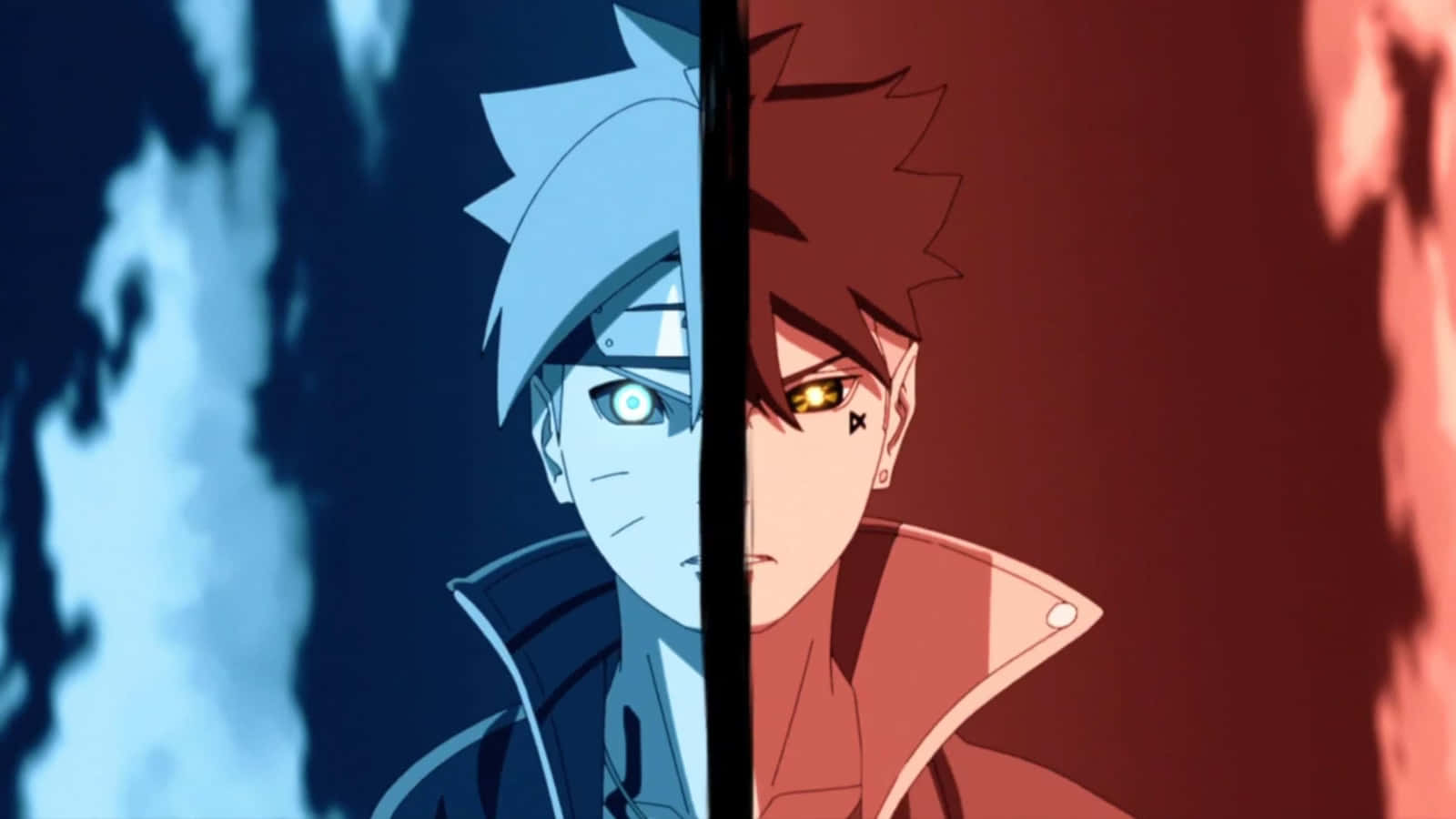 Boruto Vs Kawaki 桌布 壁紙 — 動漫角色垂直分割，藍色和紅色兩半以戲劇性的對比面對面。
