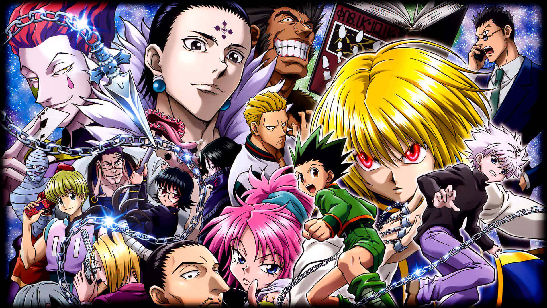來自《Hunter x Hunter》的動漫角色，以動態姿勢呈現，配有鎖鏈和宇宙背景。