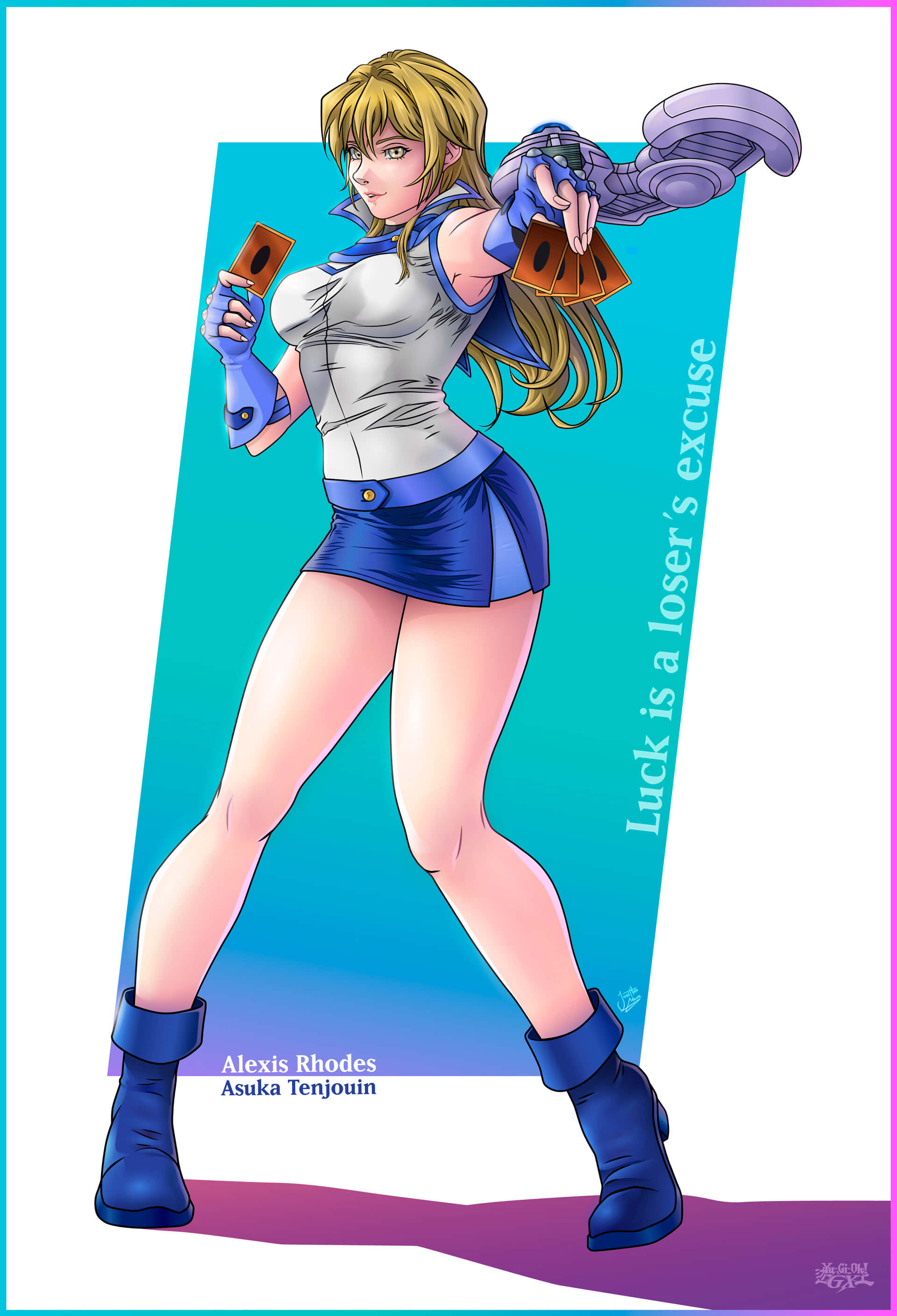 Alexis Rhodes 桌布 壁紙 — 動漫角色天上院明日香身穿藍白服裝，在青綠色背景前手持卡片和武器。