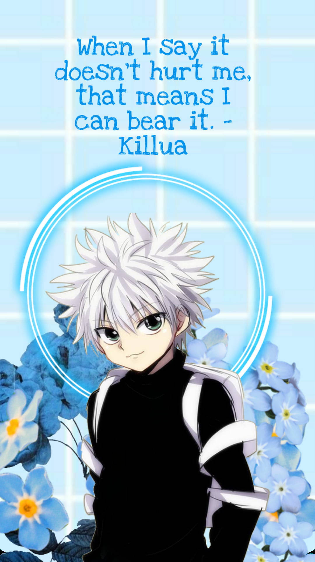 基路亞 桌布 壁紙 — 動漫角色奇犽（Killua）擁有尖刺白髮，站在藍色花朵中，背景是發光的藍色網格，並附有語錄。