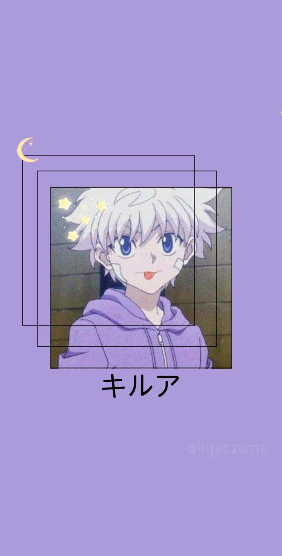 Purple Anime 桌布 壁紙 — 動漫角色奇犽，白髮藍眼，穿著紫色連帽衫，在薰衣草背景前微笑，背景有新月和星星。