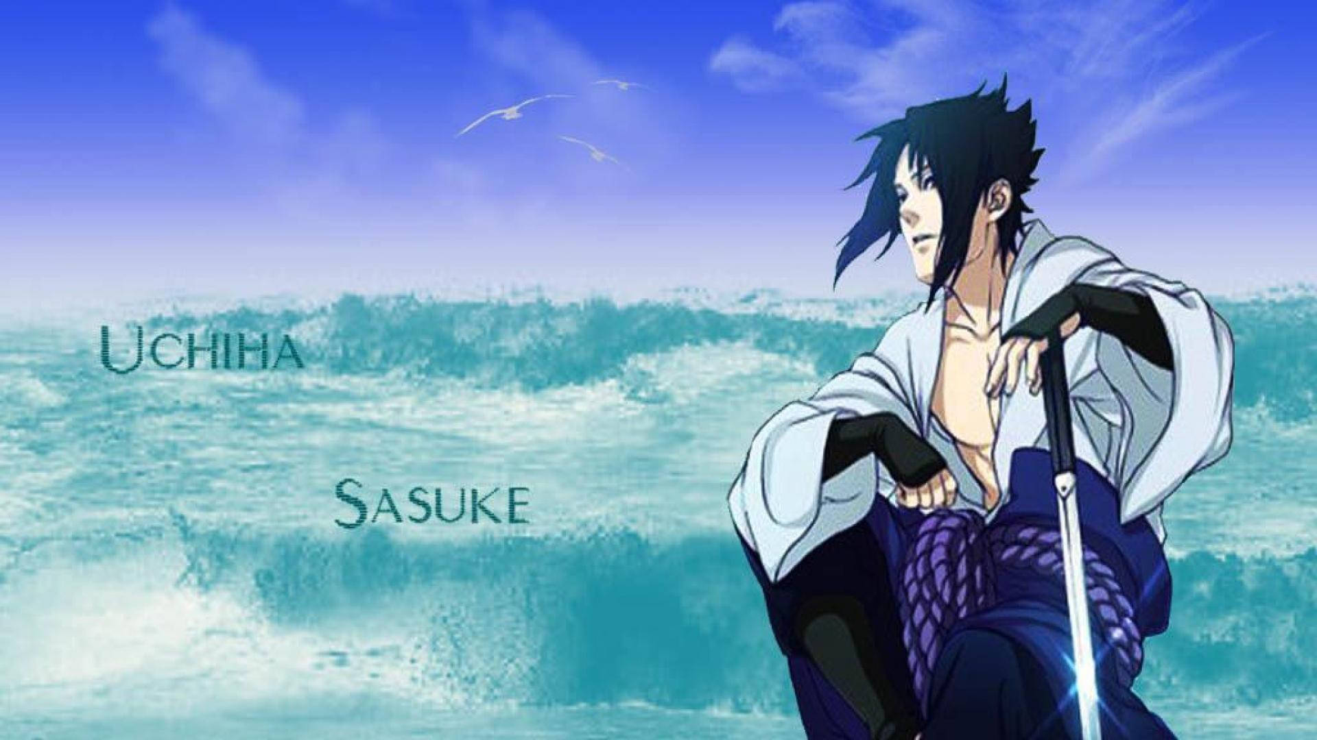 sasuke uchiha 4K 桌布 壁紙 — 動漫角色宇智波佐助坐在藍天下、海鷗飛翔的碎浪碧波旁。