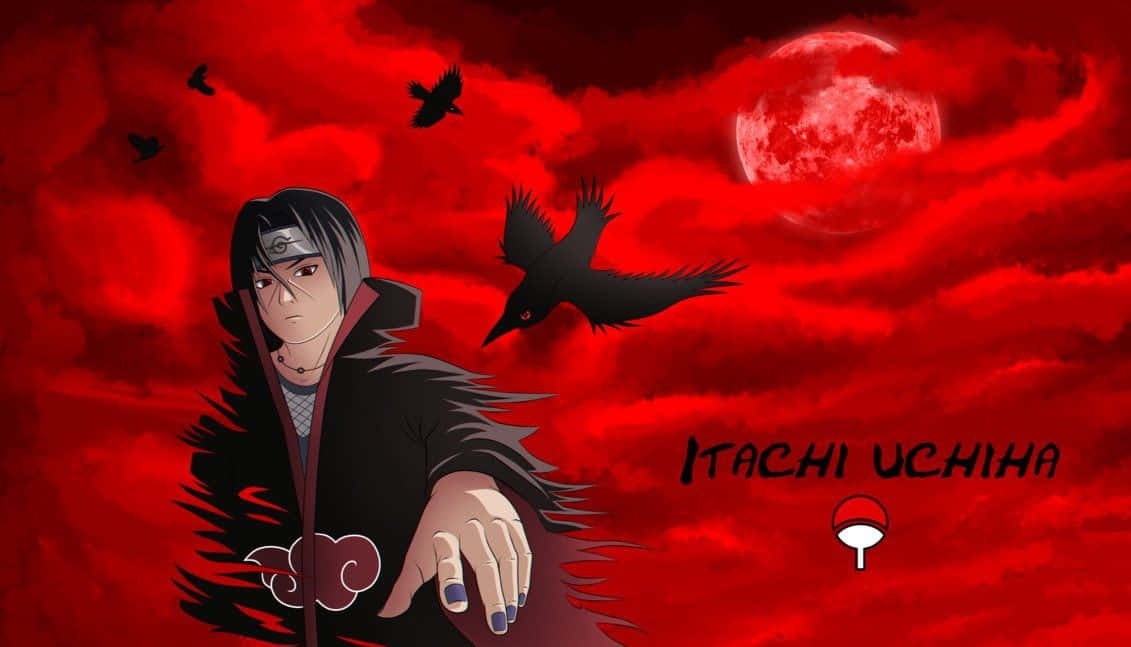 Itachi 桌布 壁紙 — 動漫角色宇智波鼬站在血紅色的天空下，滿月與飛翔的烏鴉相伴。