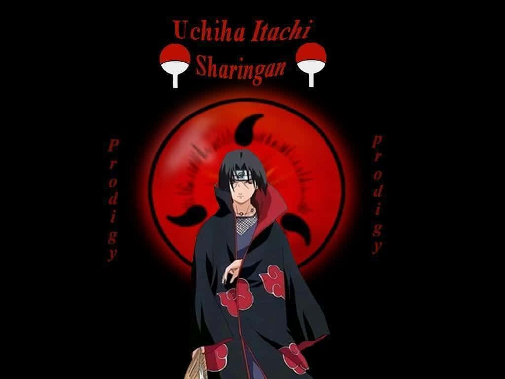 Itachi 桌布 壁紙 — 動漫角色宇智波鼬身穿帶有紅雲的黑色斗篷，在發光的紅色寫輪眼背景前莊嚴站立。