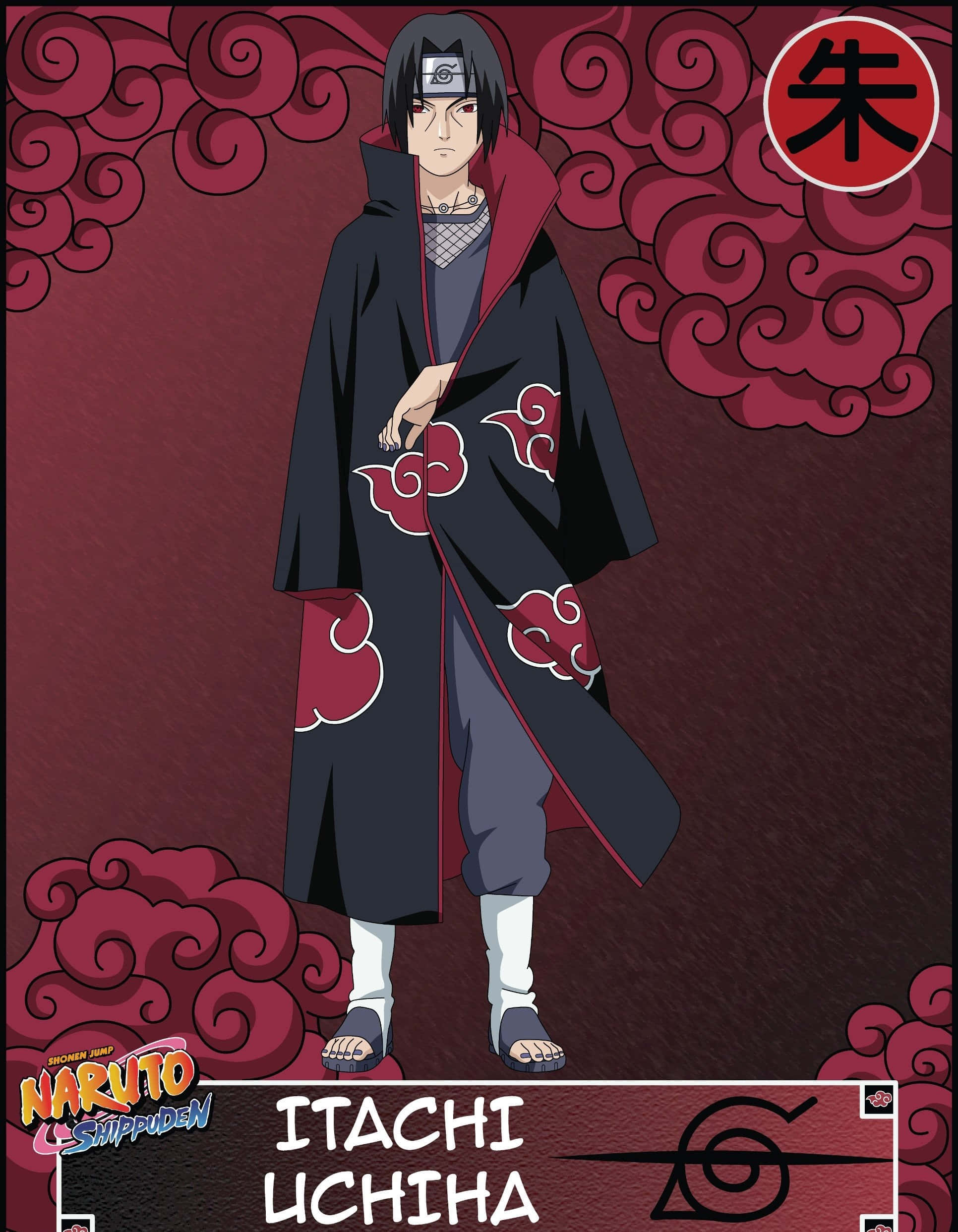 Akatsuki Naruto Shippuden 桌布 壁紙 — 動漫角色宇智波鼬身穿帶有紅雲的黑色斗篷，背景是栗色旋轉的雲層。