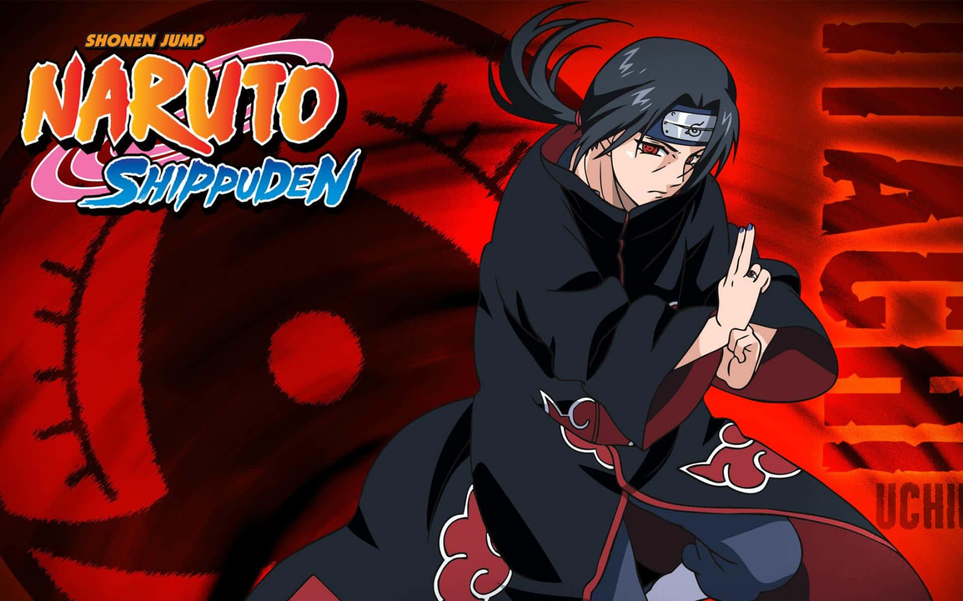 Itachi 桌布 壁紙 — 動漫角色宇智波鼬身穿曉組織斗篷，在紅色寫輪眼背景下結印擺姿勢。