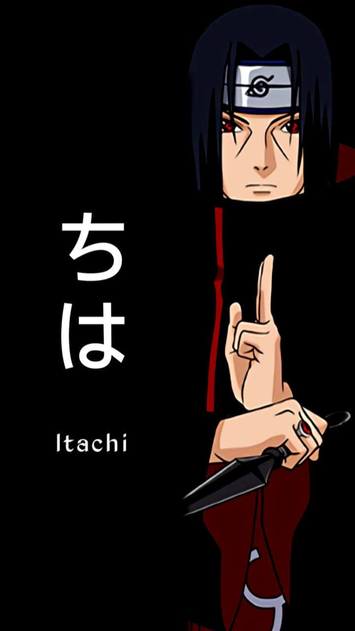 Jutsu 桌布 壁紙 — 動漫角色宇智波鼬身穿黑色斗篷，手持苦無，紅眼並做手勢，背景深色。