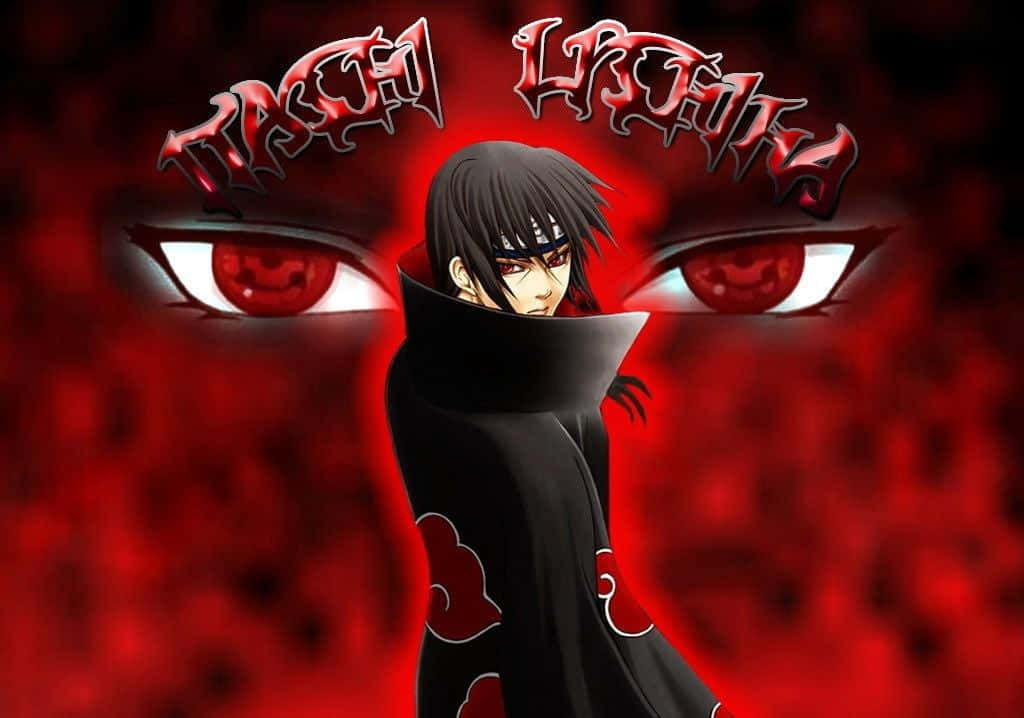 Itachi 桌布 壁紙 — 動漫角色宇智波鼬身穿黑色紅雲斗篷，站在發光的紅色寫輪眼前，背景是火紅色的。