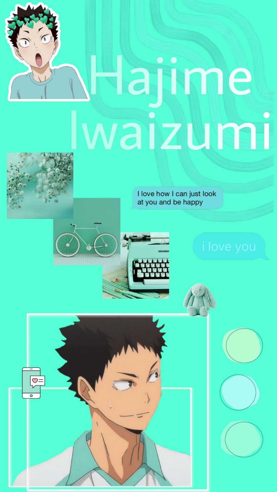 iwaizumi hajime 桌布 壁紙 — 動漫角色岩泉一被粉藍綠色元素包圍，例如打字機、單車和花朵。