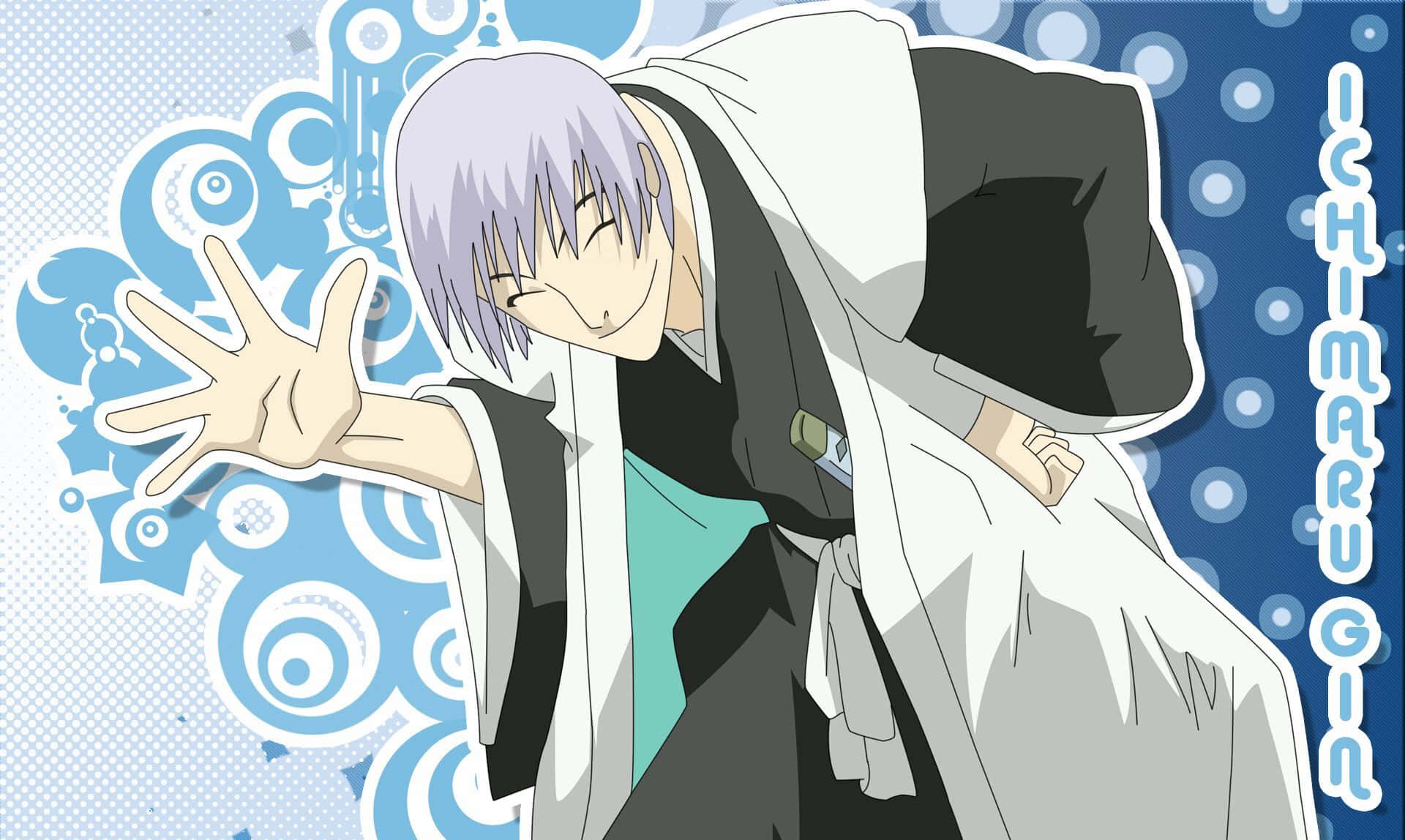 Gin Ichimaru 桌布 壁紙 — 動漫角色市丸銀身穿白色外套，微笑著伸出手，背景為藍色圓形圖案。