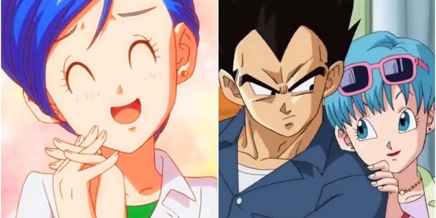 Vegeta's Family 桌布 壁紙 — 動漫角色布瑪和貝吉塔，布瑪開心地微笑，貝吉塔在她旁邊皺眉。