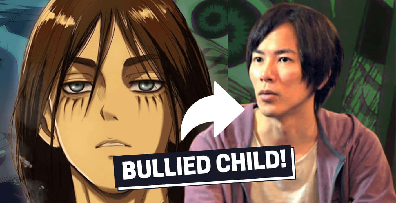 Isayama Hajime 桌布 壁紙 — 動漫角色帶着疲憊的眼神，旁邊是一個真人，箭頭指向文字「被欺凌的孩子」！