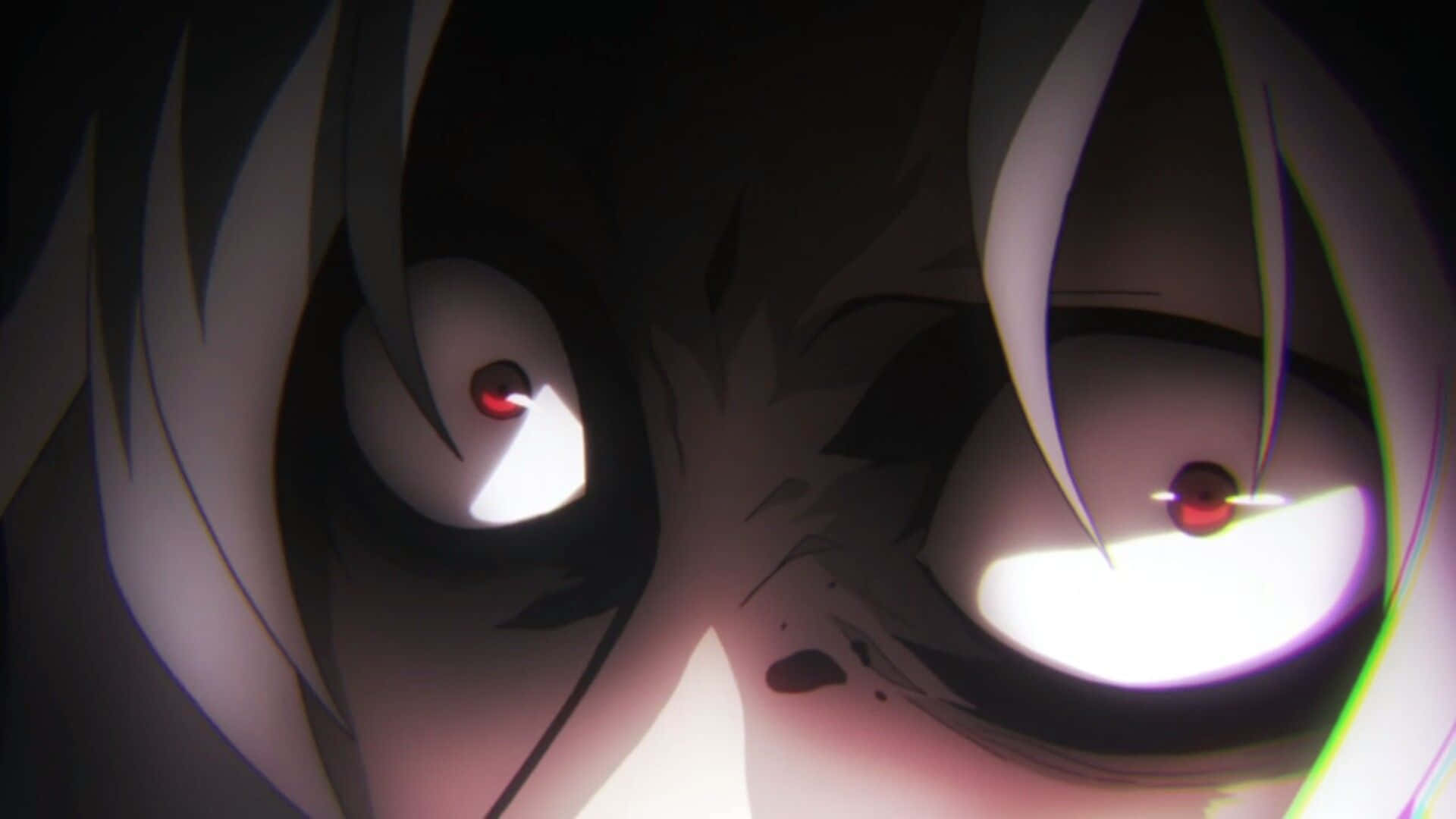 Seidou Takizawa 桌布 壁紙 — 動漫角色強烈發光的紅色眼睛特寫，被尖銳的白髮框住，處於黑暗陰影照明中。