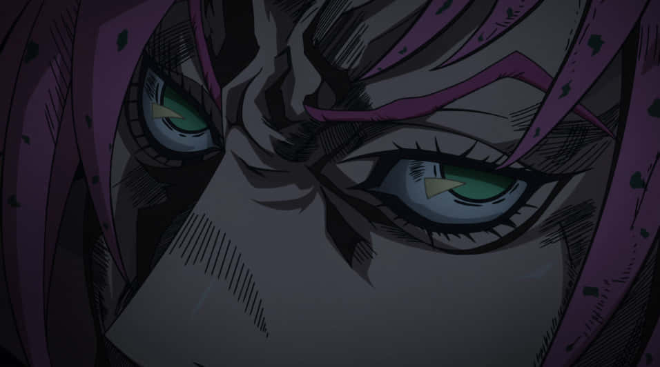 Jojo's Bizarre Adventure Diavolo 桌布 壁紙 — 動漫角色強烈綠色眼睛的特寫，由尖銳的紫色頭髮和深色陰影框住。