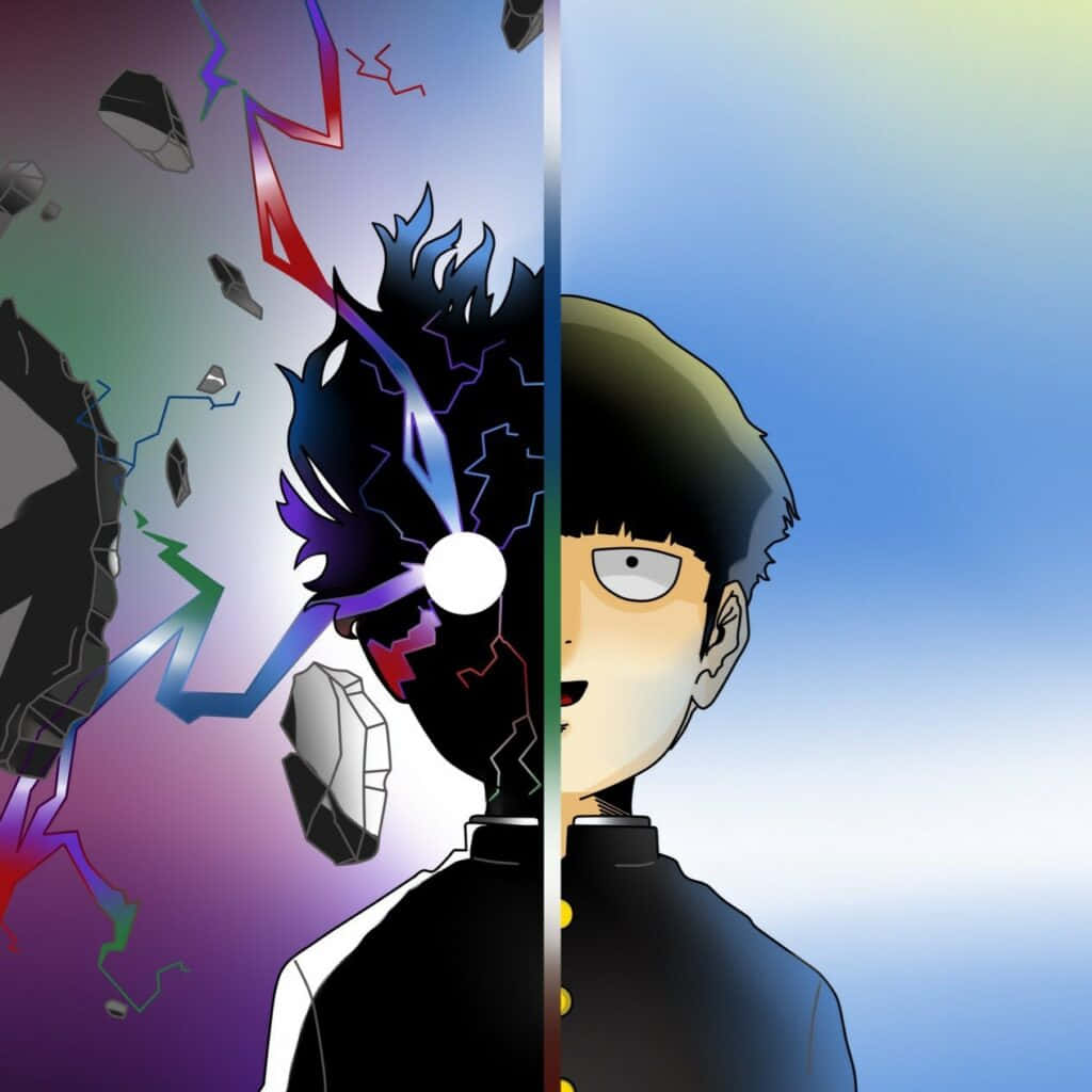 Mob Psycho 桌布 壁紙 — 動漫角色從中間分裂，左側充滿混亂能量和破碎碎片，與右側平靜的天空形成對比。